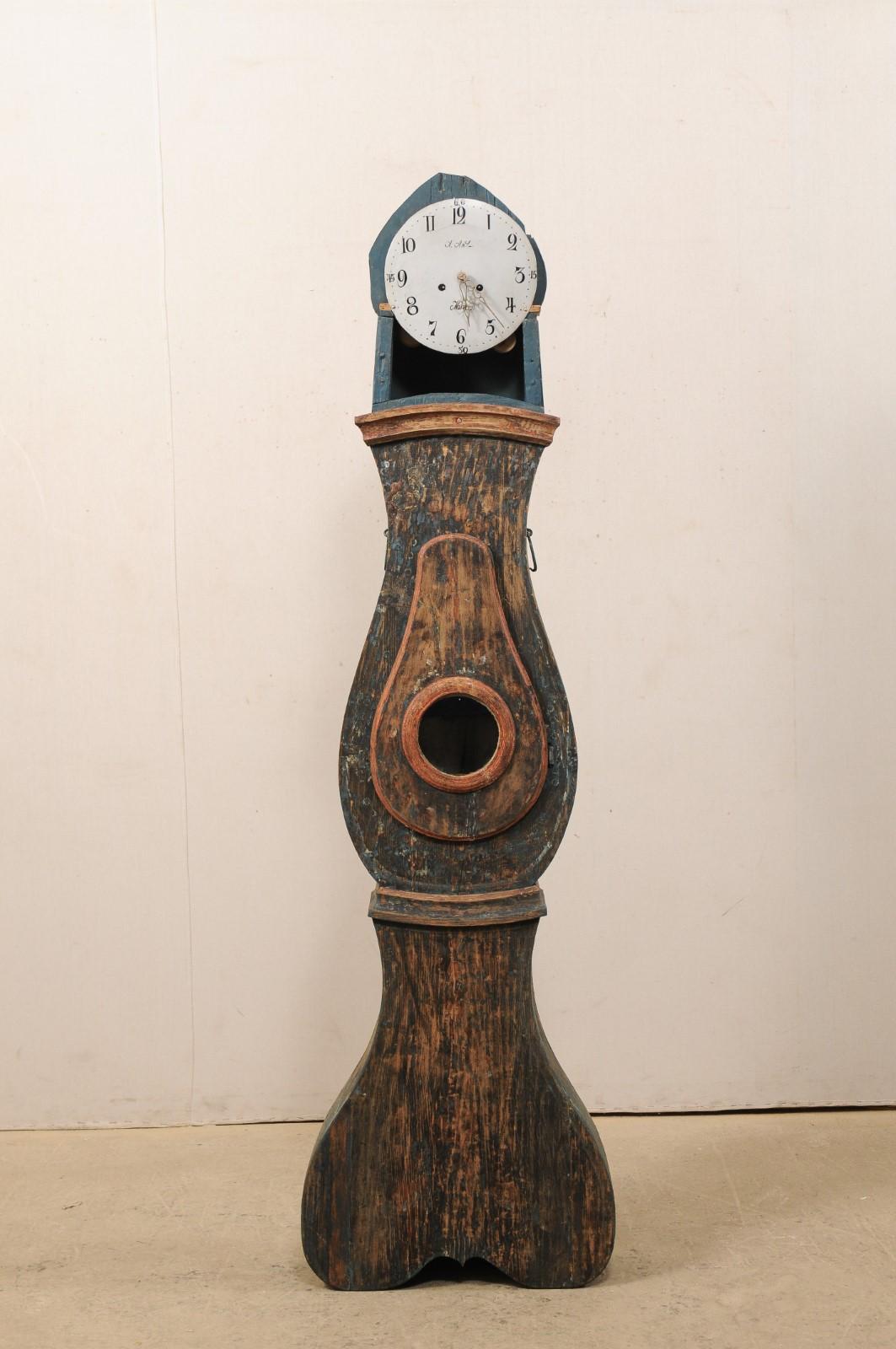 Verre Horloge de grand-père suédoise du début du XIXe siècle du Nord avec finition sarcelle grattée en vente