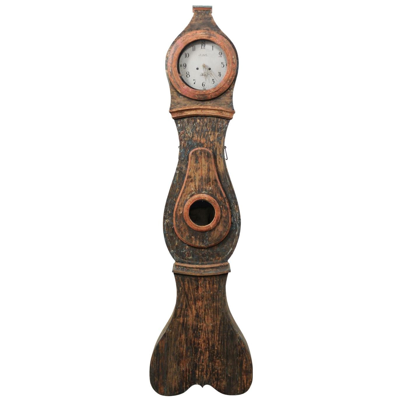 Early 19th Century Northern Swedish Grandfather Clock with Scraped Teal Finish For Sale