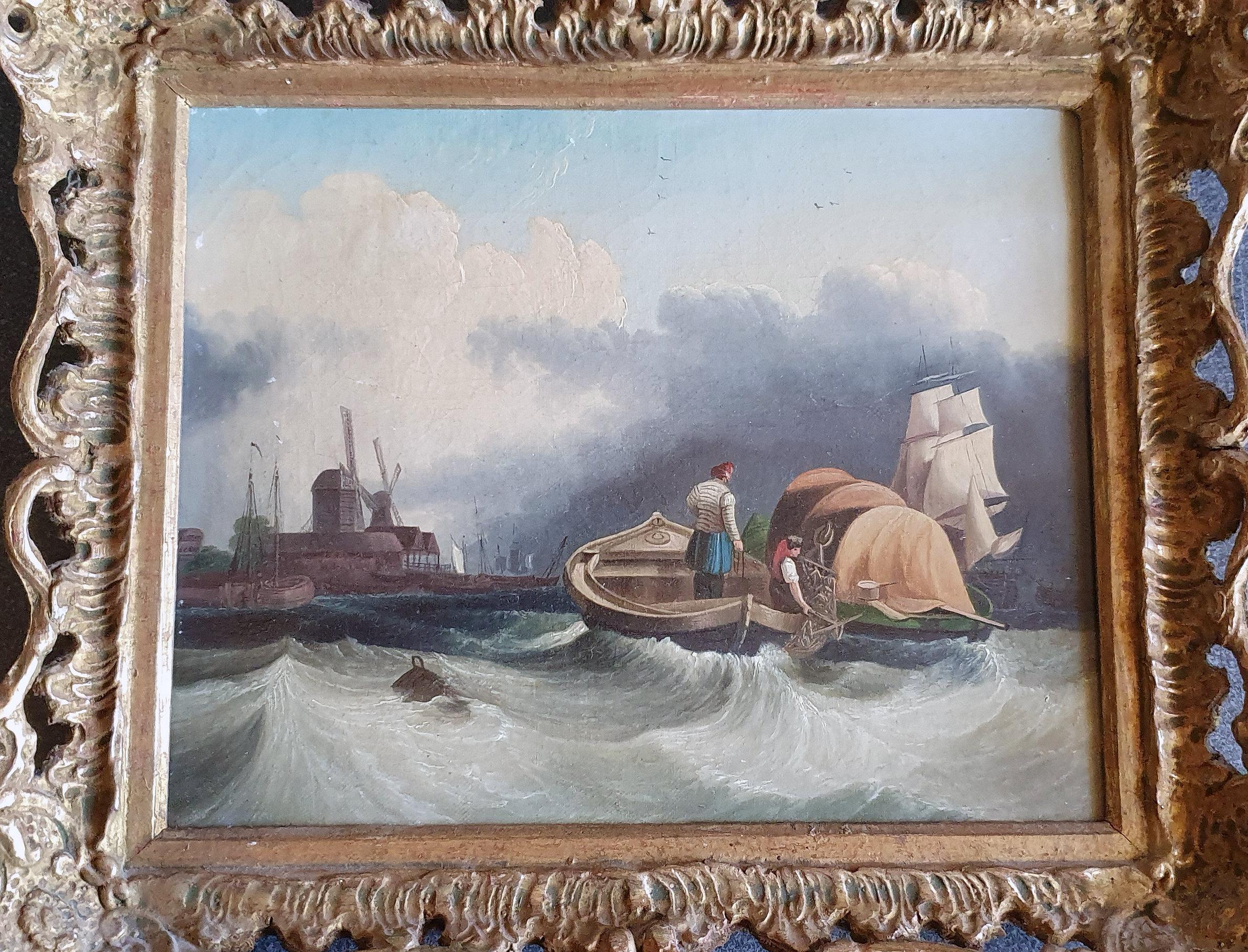 This late 18th-early 19th century oil on canvas is attributed to C M Powell, 1783-1821, that depicting a coastal scene with fishing boats, masted sailing ships and windmills on the foreshore, in a pierced giltwood frame. Born in Chichester, C M