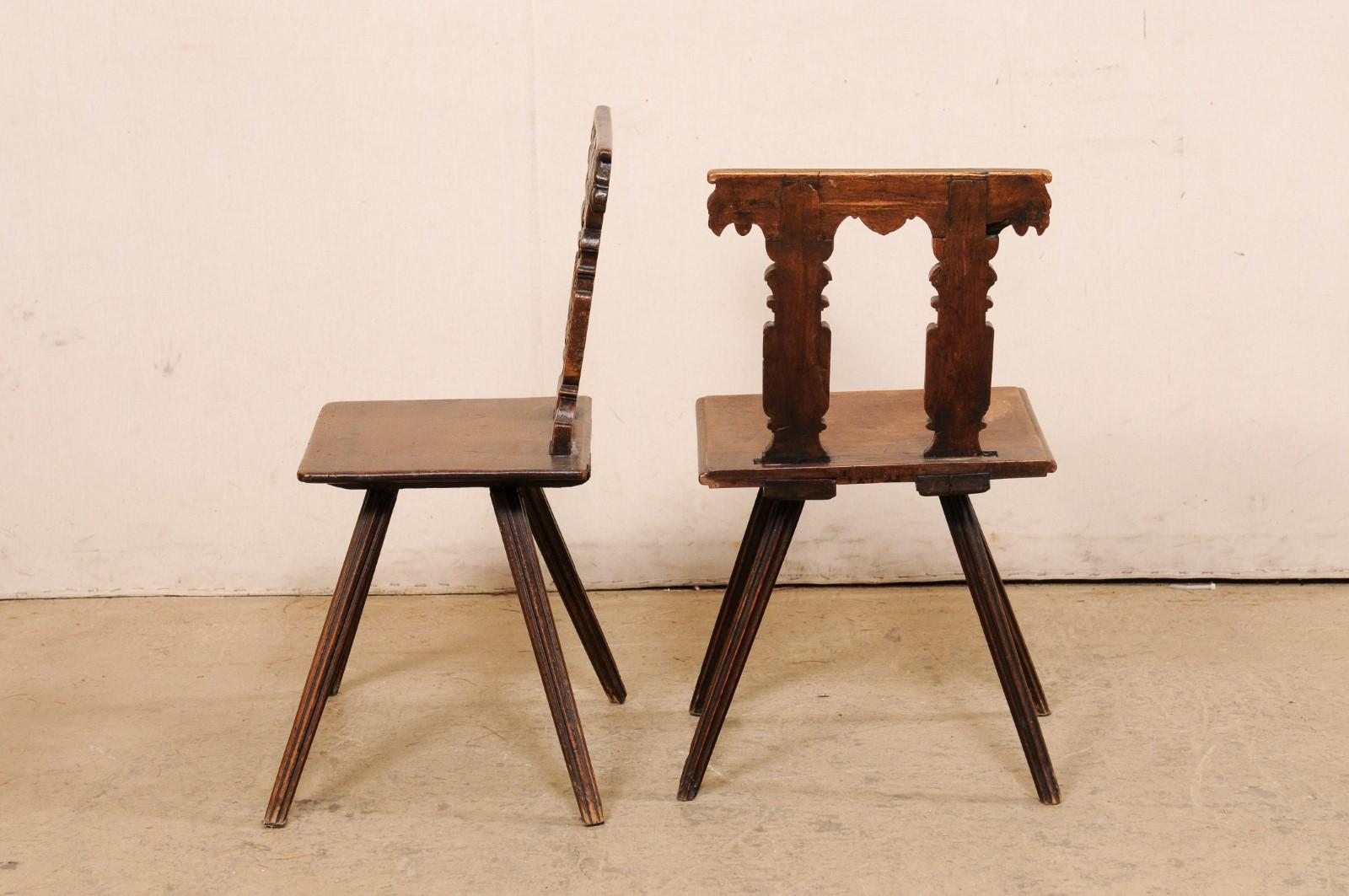 Early 19th C. Pair of Carved-Column Back Wooden Hall Chairs 5