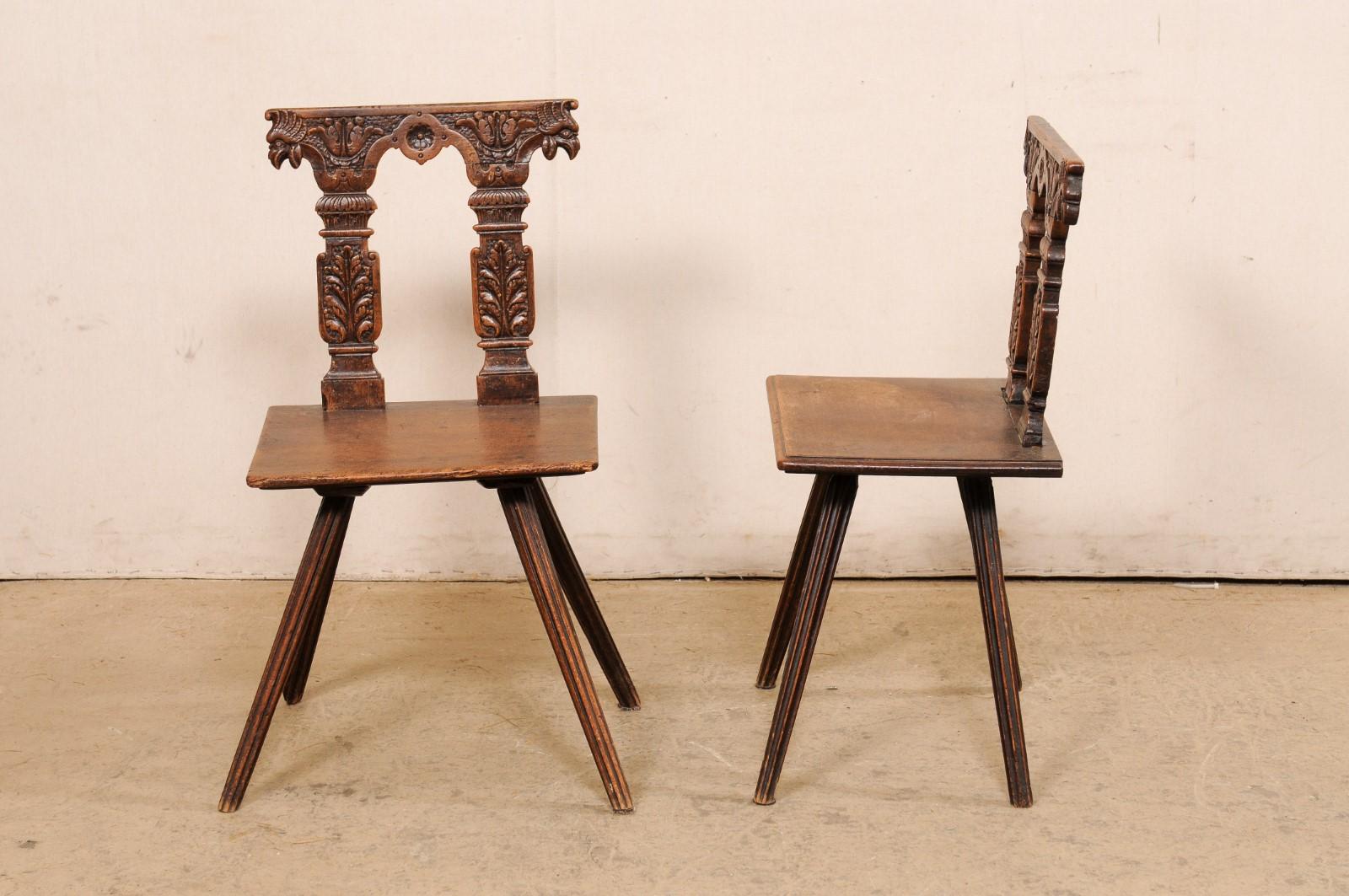 Early 19th C. Pair of Carved-Column Back Wooden Hall Chairs 6