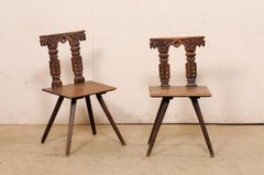 Early 19th C. Pair of Carved-Column Back Wooden Hall Chairs