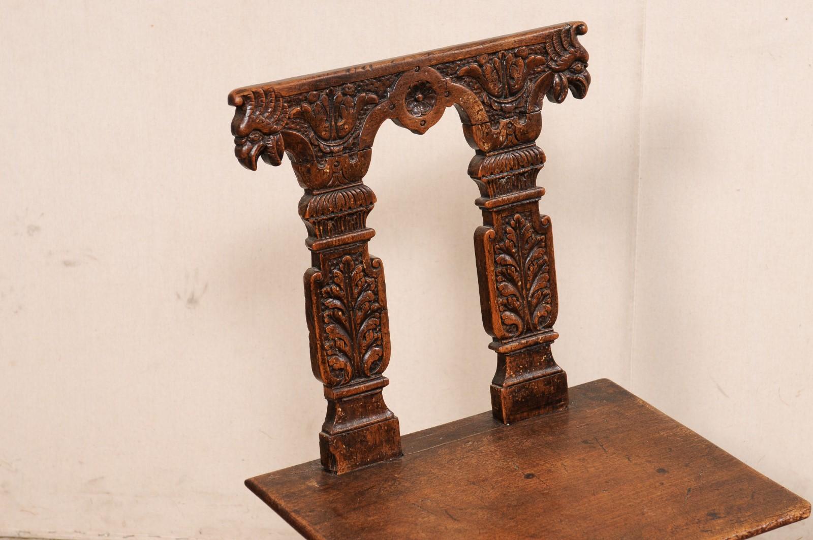 European Early 19th C. Pair of Carved-Column Back Wooden Hall Chairs For Sale