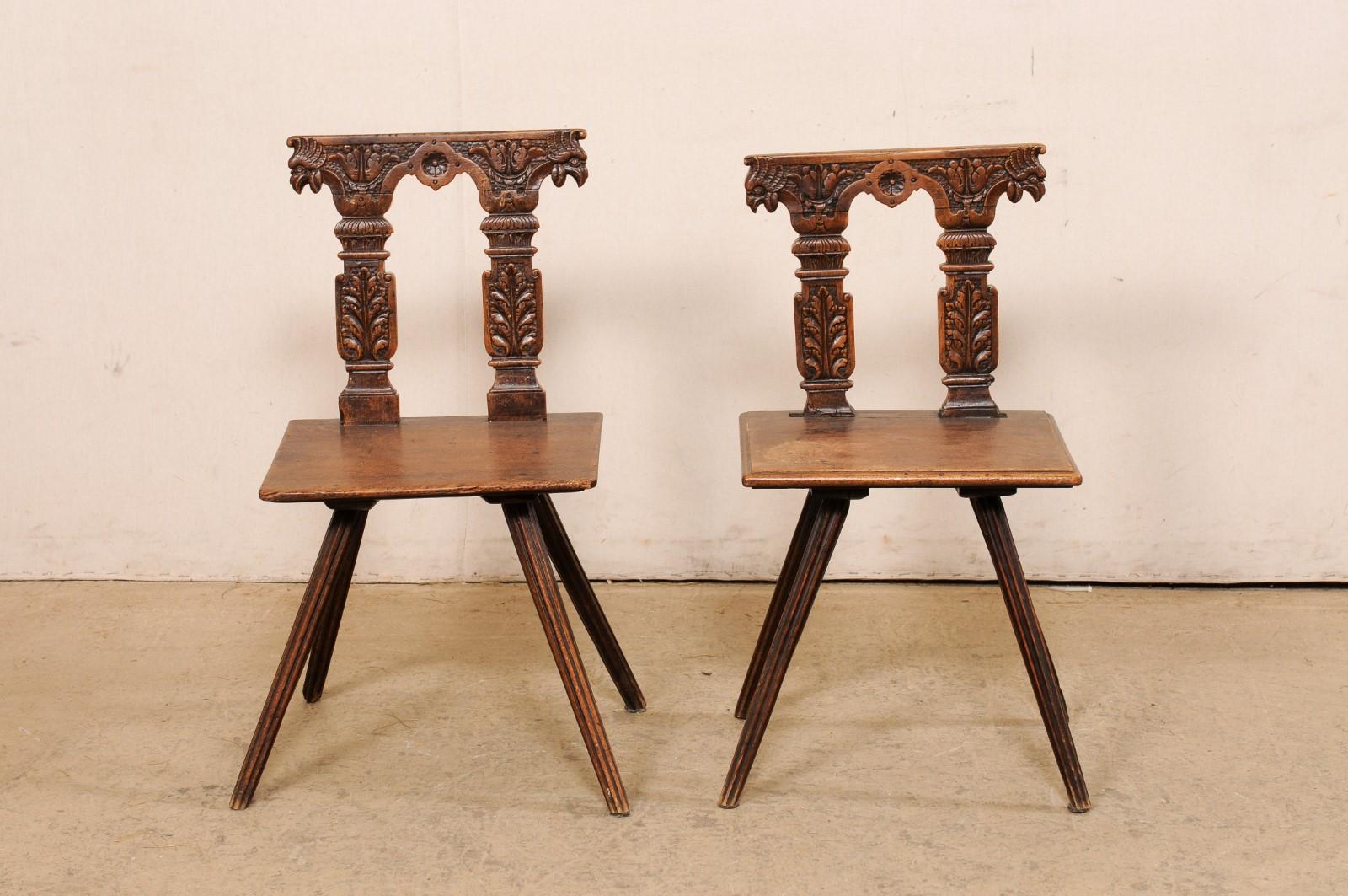 Early 19th C. Pair of Carved-Column Back Wooden Hall Chairs For Sale 2