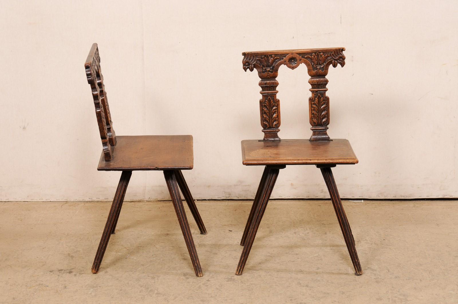 Early 19th C. Pair of Carved-Column Back Wooden Hall Chairs 3