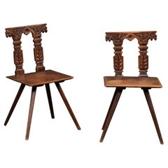 Early 19th C. Pair of Carved-Column Back Wooden Hall Chairs