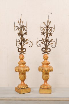 Early 19th C. Pair of Italian Iron Prickets on Wood Bases with Original Finish