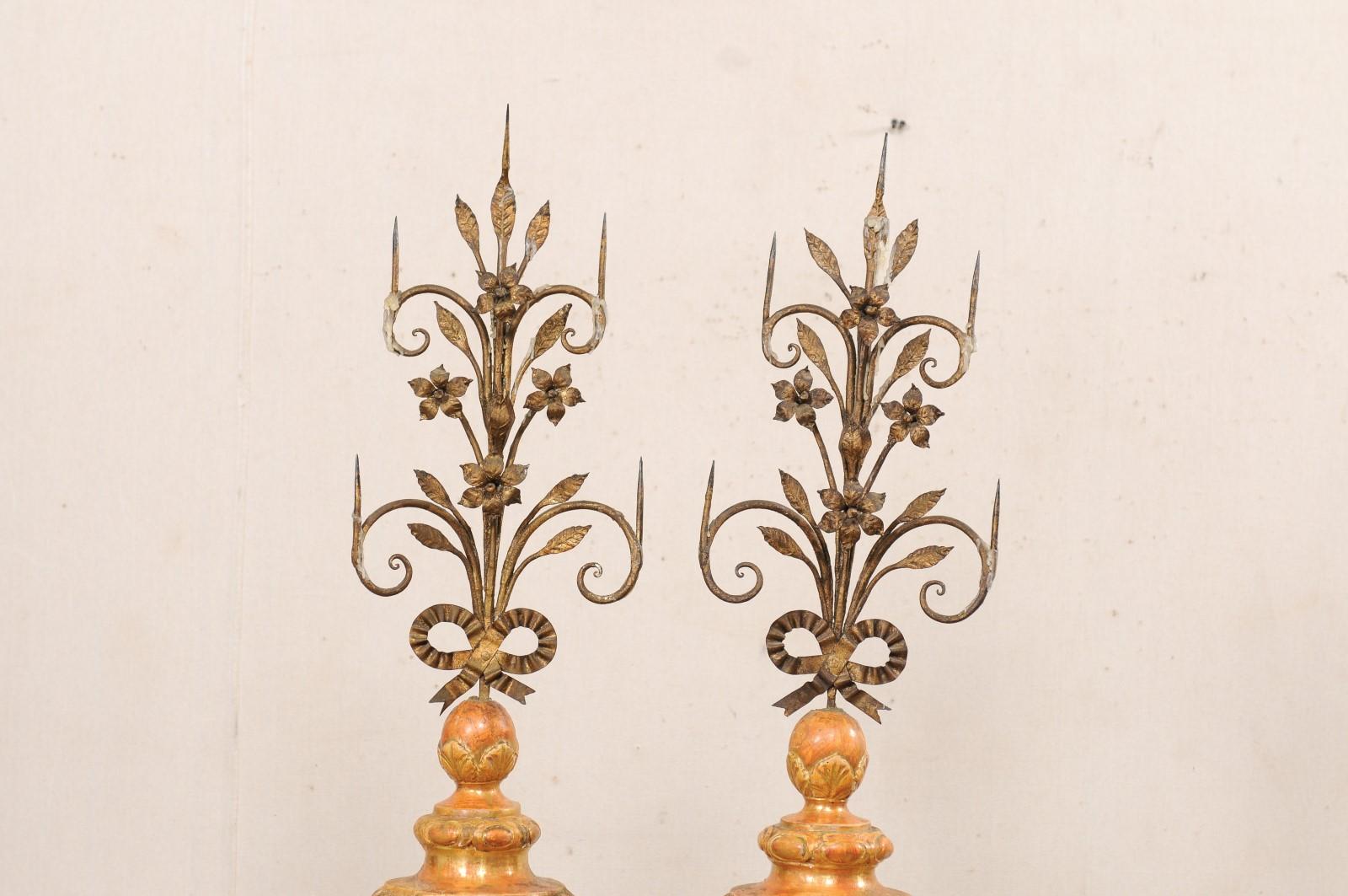 Early 19th C. Pair of Italian Iron Prickets on Wood Bases with Original Finish  In Good Condition For Sale In Atlanta, GA