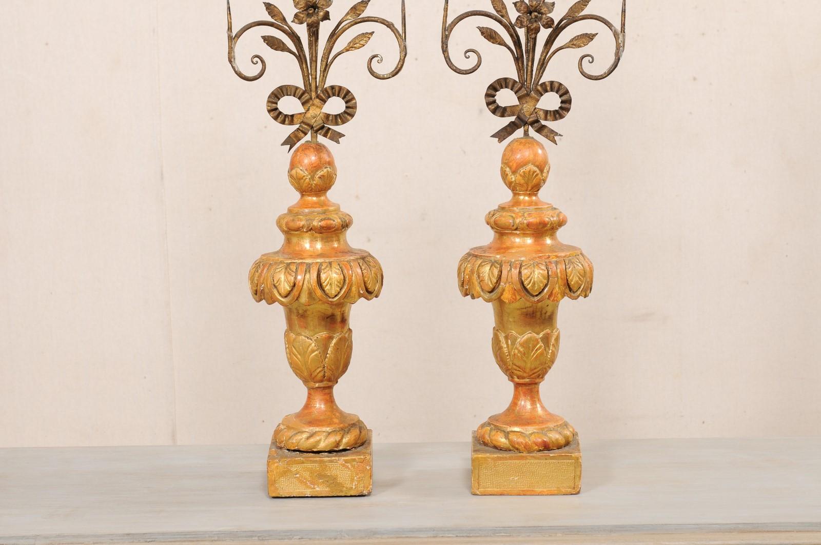 19th Century Early 19th C. Pair of Italian Iron Prickets on Wood Bases with Original Finish  For Sale