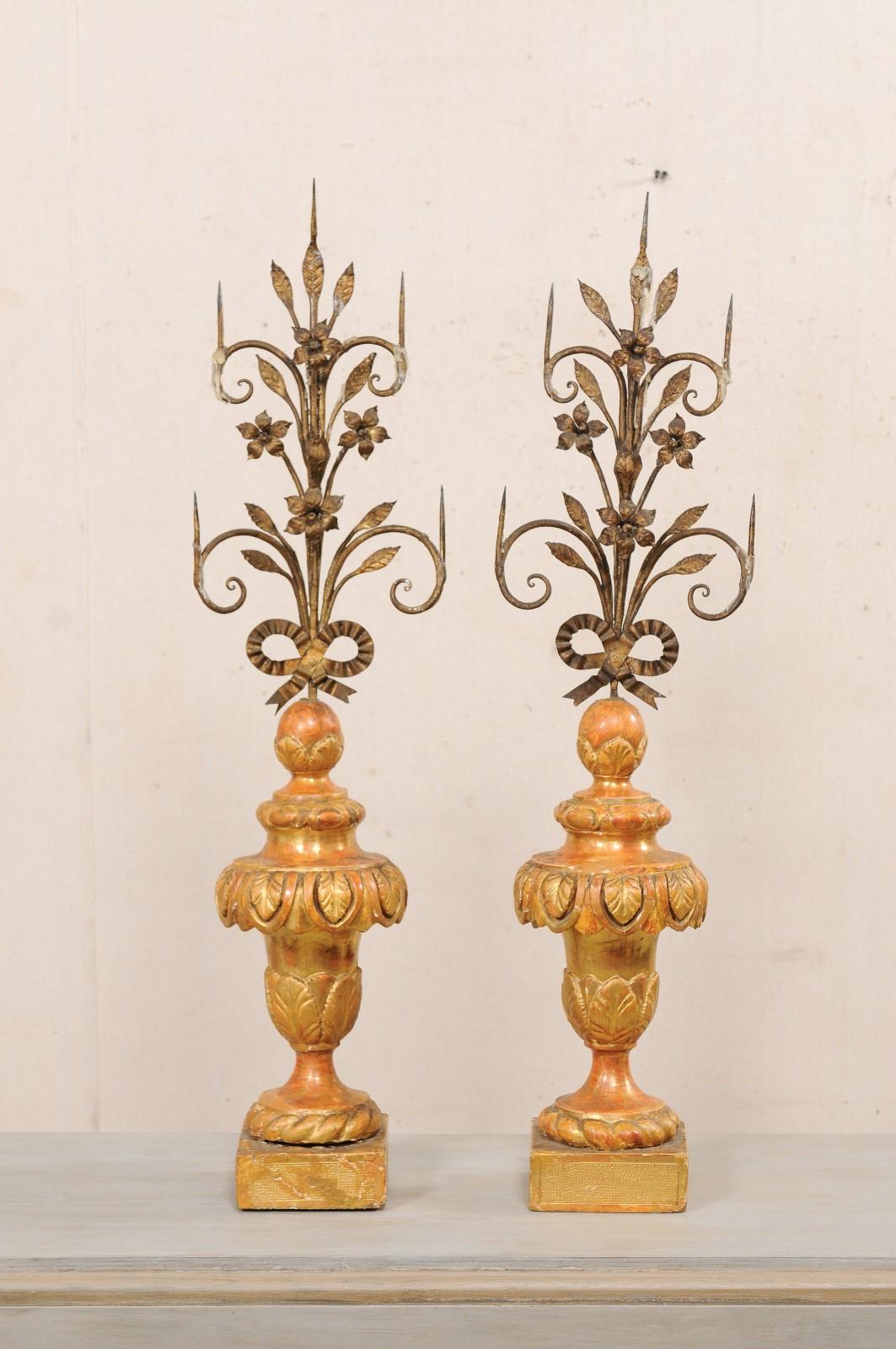 Early 19th C. Pair of Italian Iron Prickets on Wood Bases with Original Finish  For Sale 1