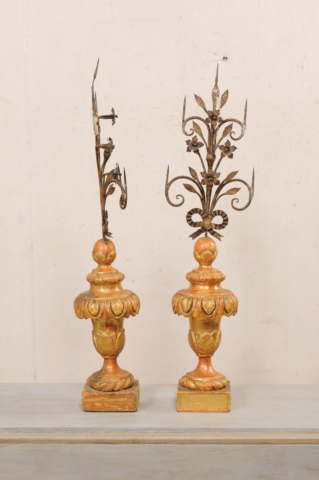 Early 19th C. Pair of Italian Iron Prickets on Wood Bases with Original Finish  For Sale 2