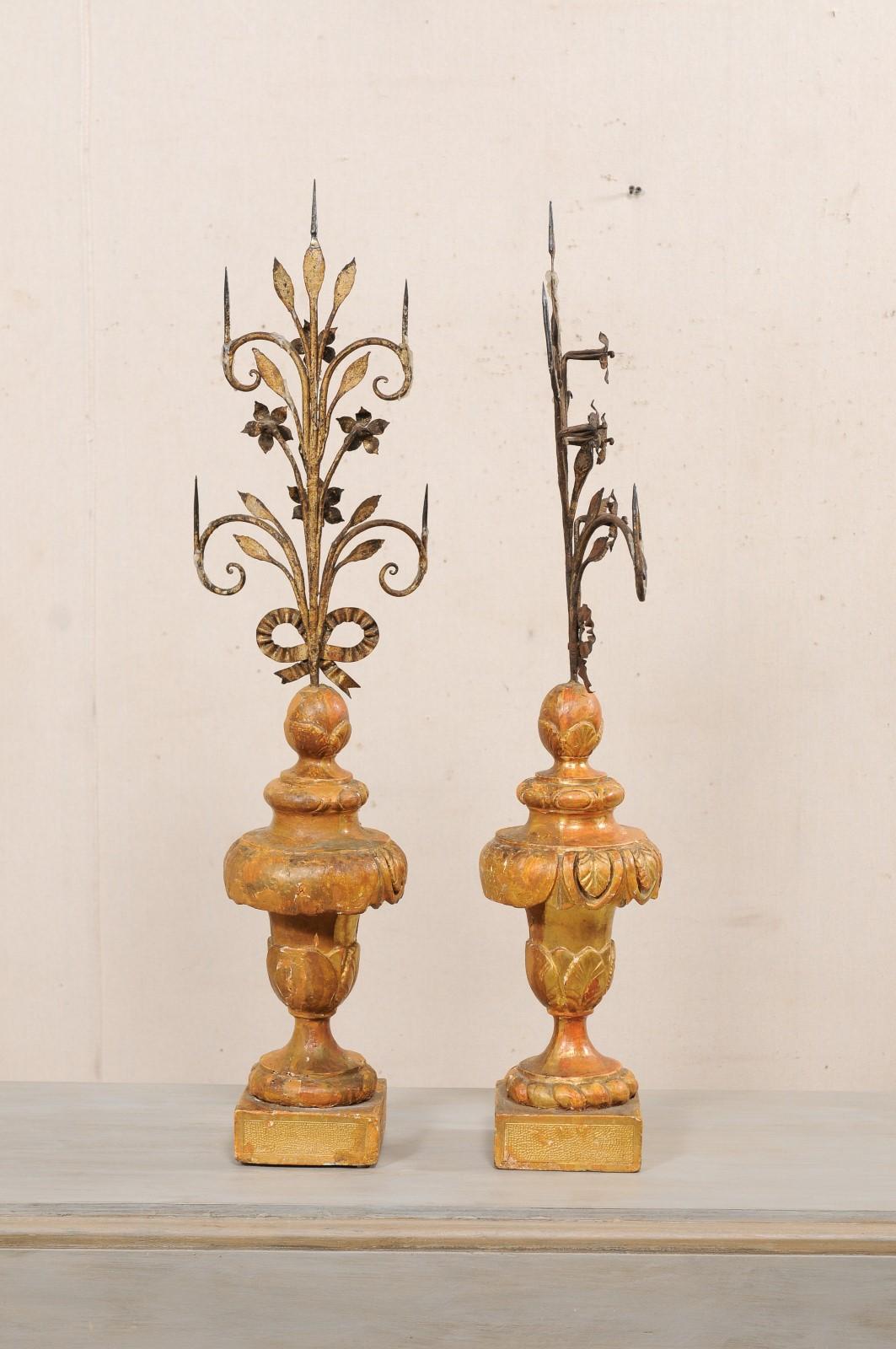 Early 19th C. Pair of Italian Iron Prickets on Wood Bases with Original Finish  For Sale 3