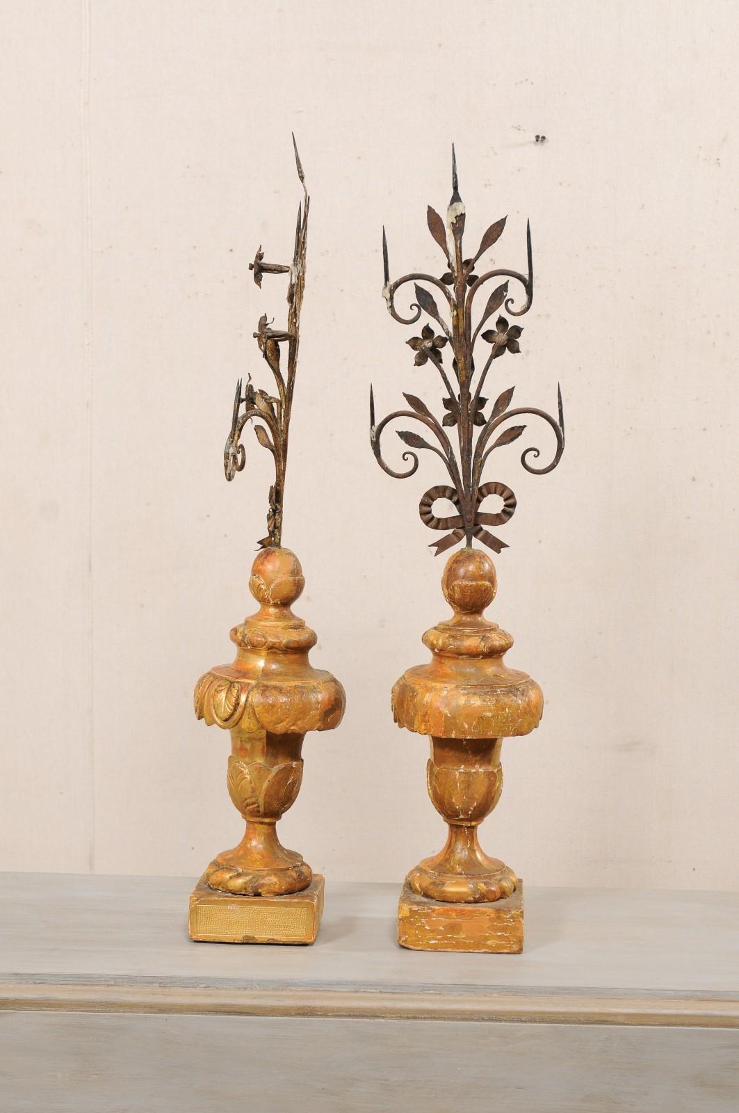 Early 19th C. Pair of Italian Iron Prickets on Wood Bases with Original Finish  For Sale 4
