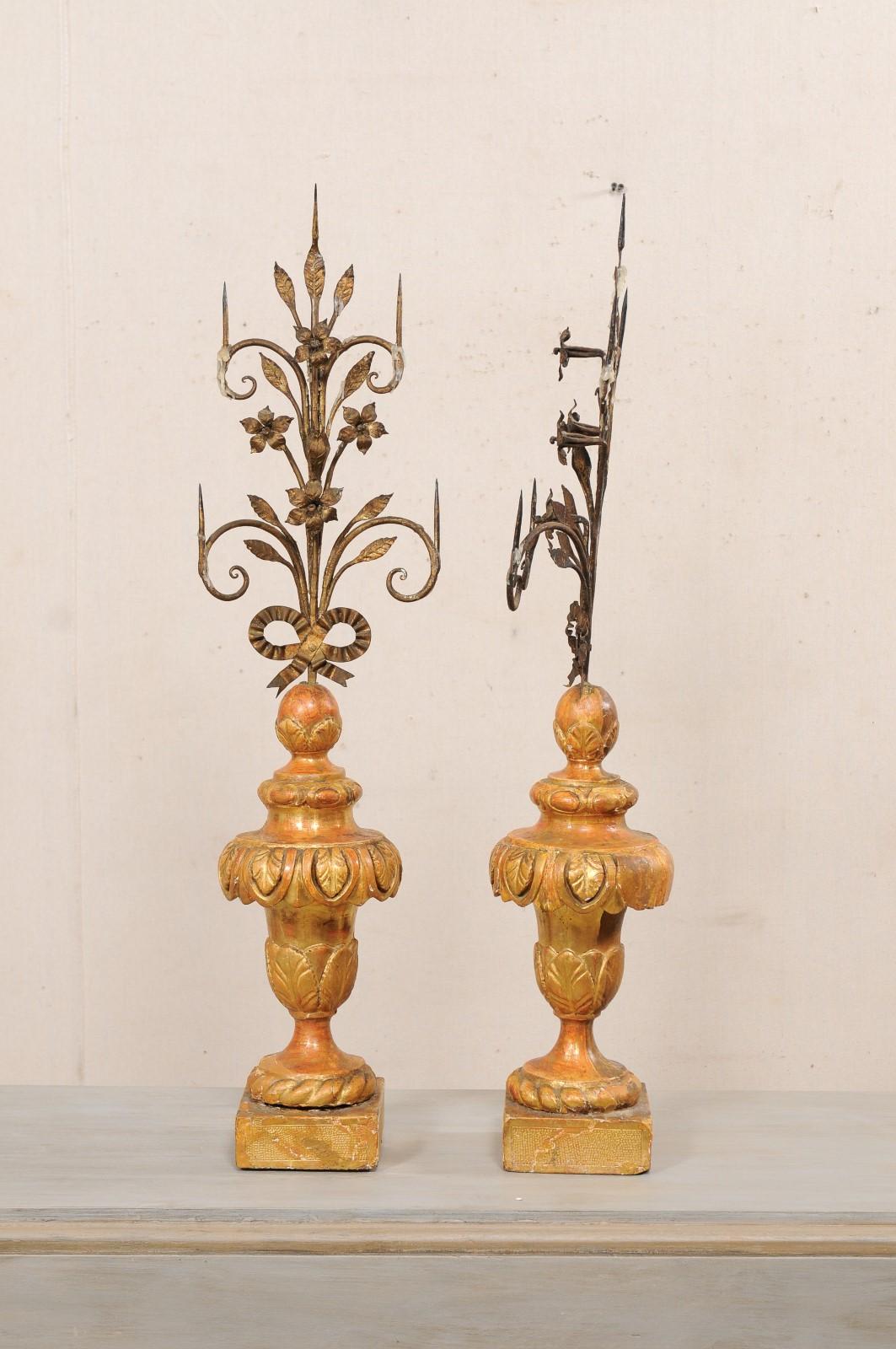 Early 19th C. Pair of Italian Iron Prickets on Wood Bases with Original Finish  For Sale 5