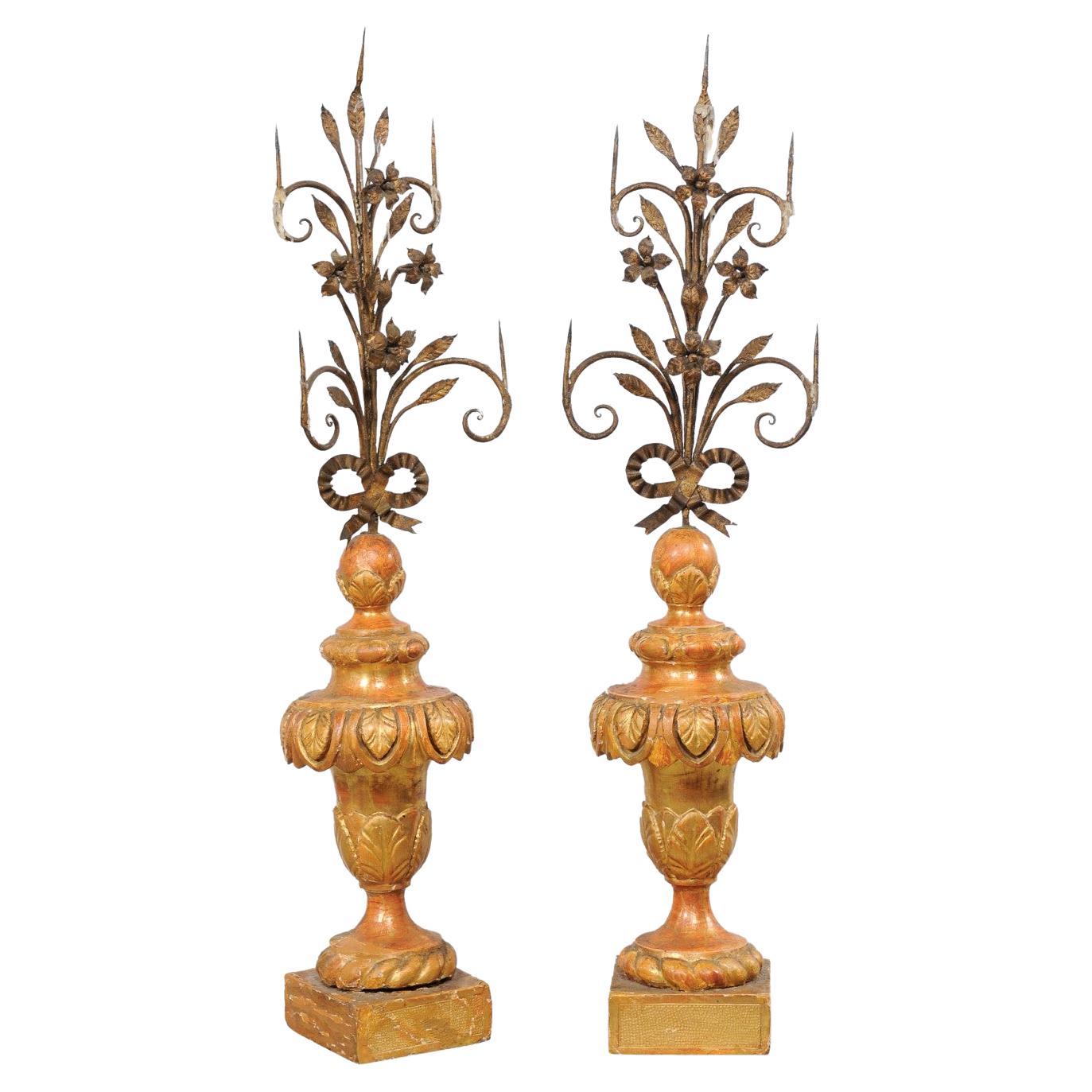 Early 19th C. Pair of Italian Iron Prickets on Wood Bases with Original Finish  For Sale