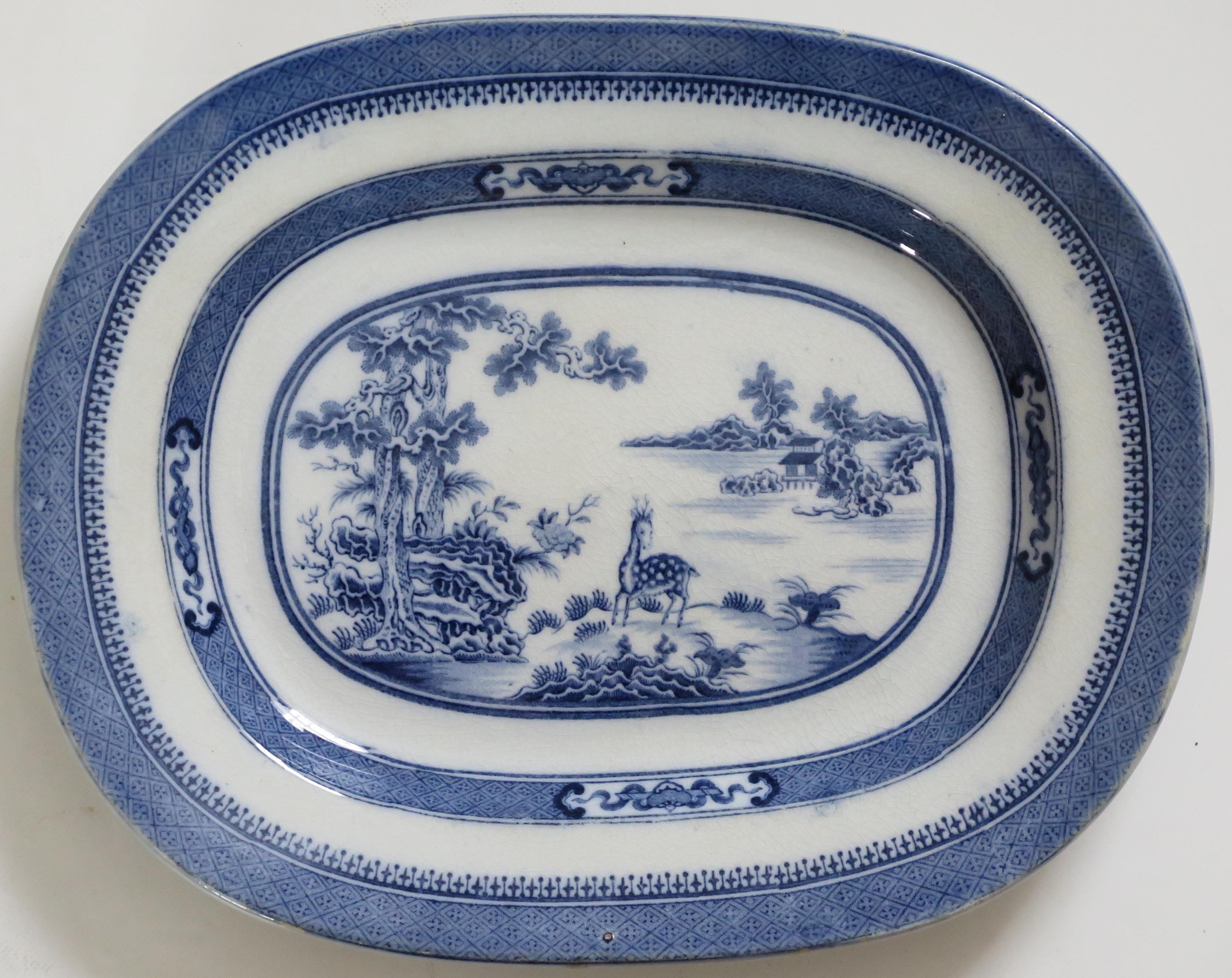 Georgian Early 19th C. Pearlware Blue & White Dish or Plate Chital Deer India Ptn, Ca 1820
