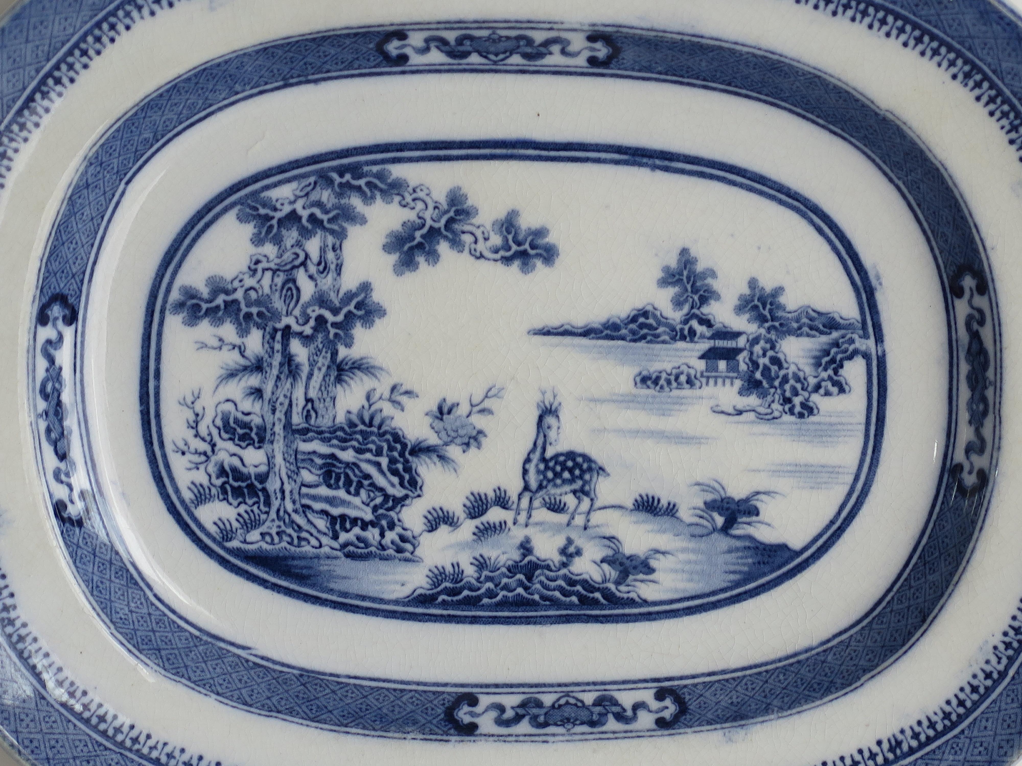 English Early 19th C. Pearlware Blue & White Dish or Plate Chital Deer India Ptn, Ca 1820
