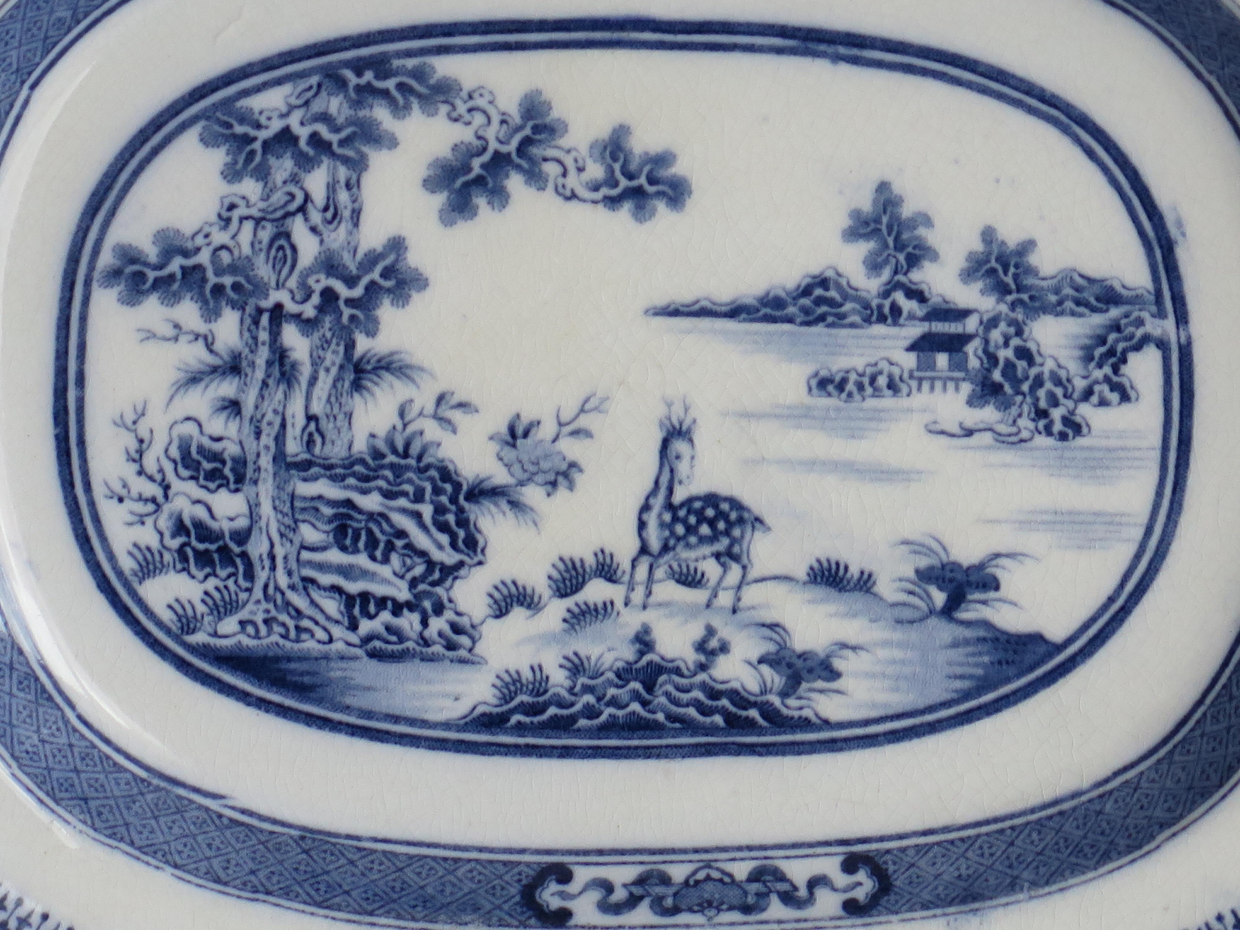 Glazed Early 19th C. Pearlware Blue & White Dish or Plate Chital Deer India Ptn, Ca 1820