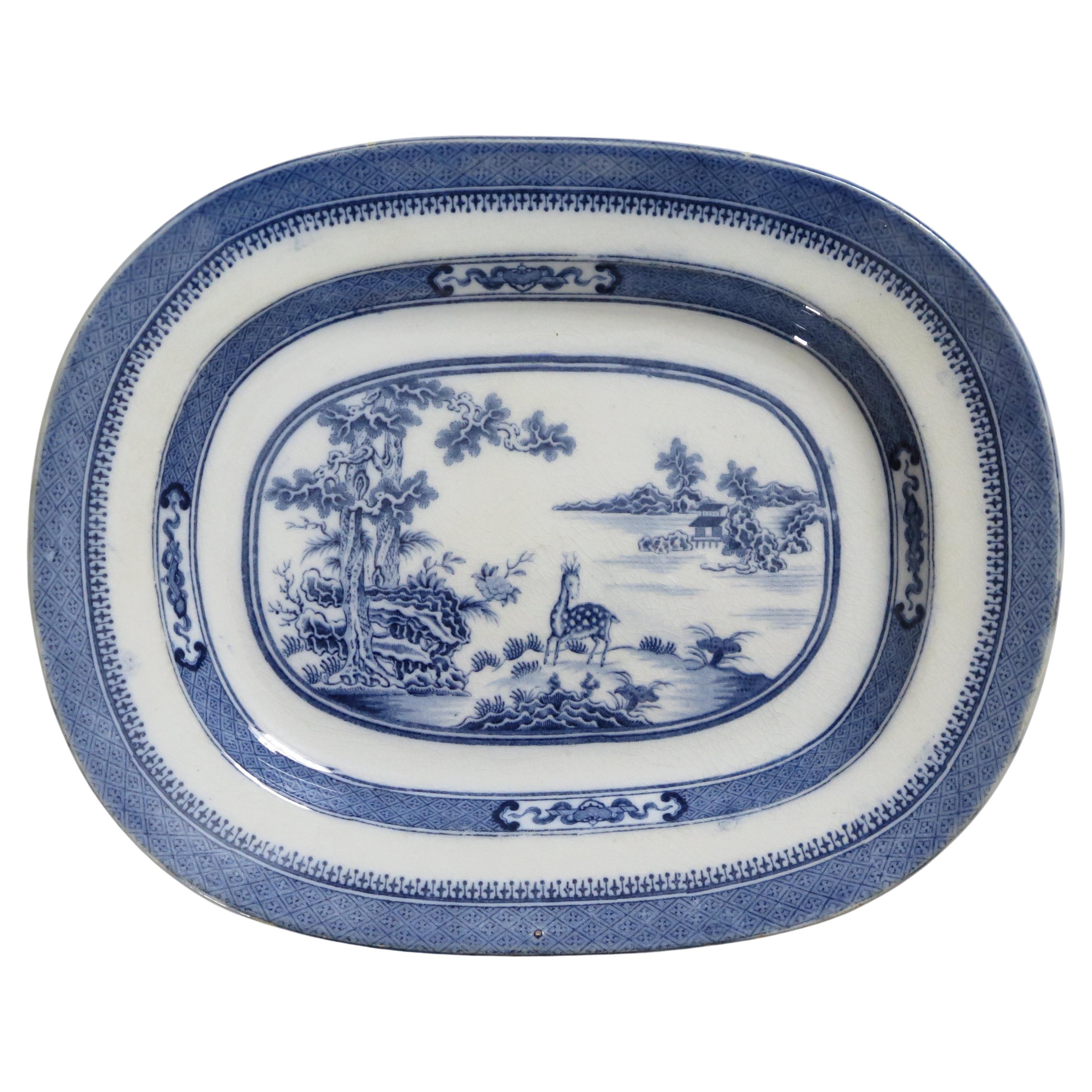 Early 19th C. Pearlware Blue & White Dish or Plate Chital Deer India Ptn, Ca 1820