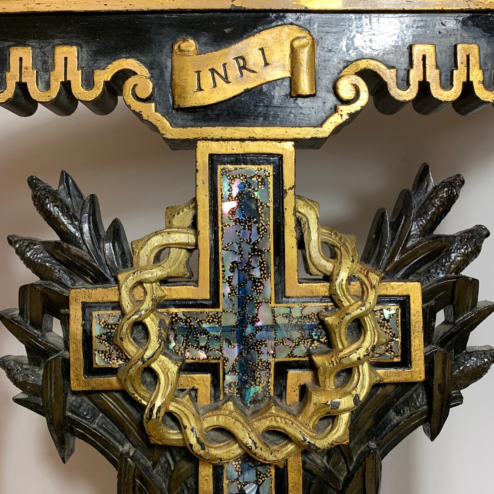 Early 19th century Prie Dieu French 'Prayer Chair'
French
Beautiful ebonized frame with carved leaves and crown of thorns surrounding and intricately detailed mother of pearl cross
The chair is heavily guilded all over
The seat and top pad are in