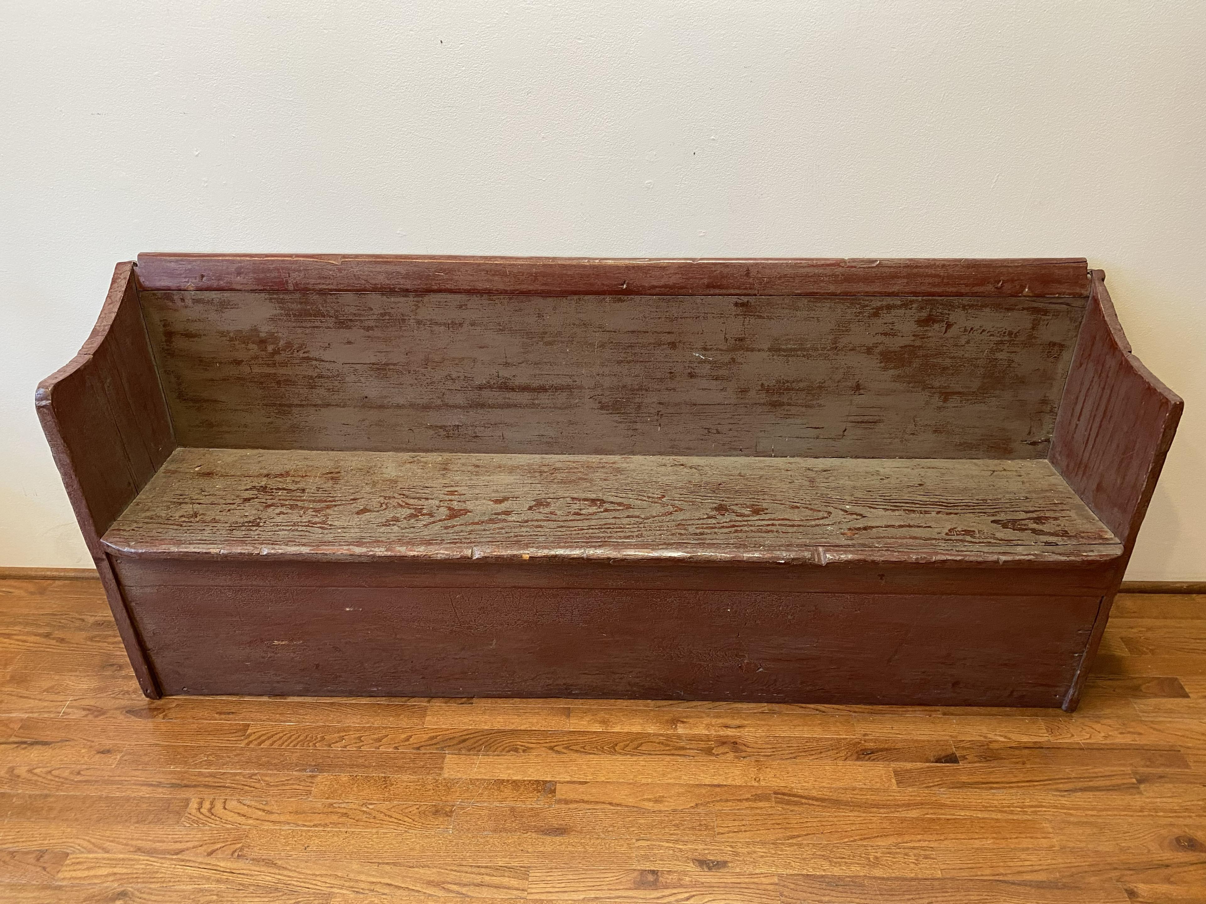 Red painted wood bench, early 1800s.