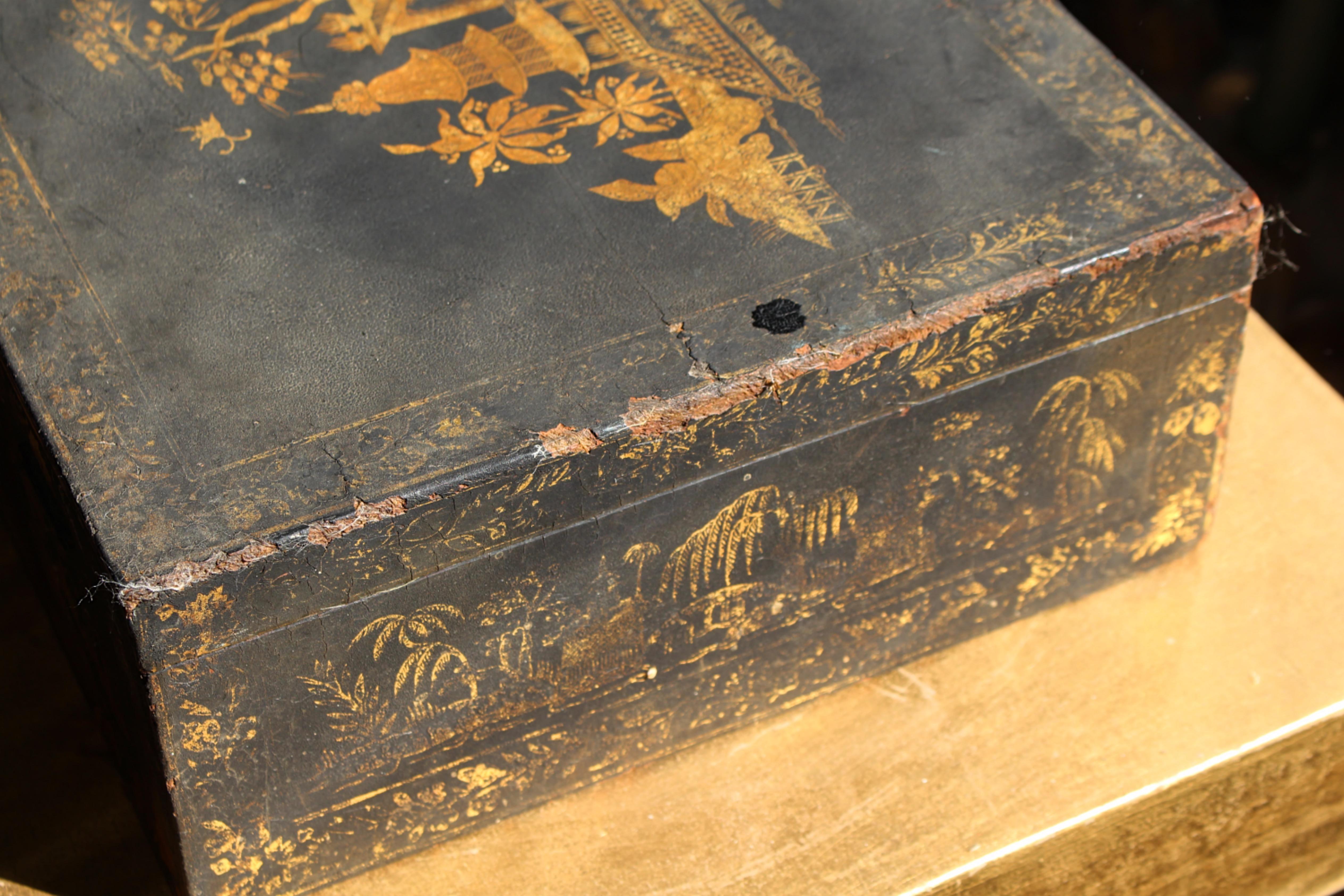 Early 19th C Regency Period Chinoiserie Lacquared Jewellery Box Country House im Angebot 4
