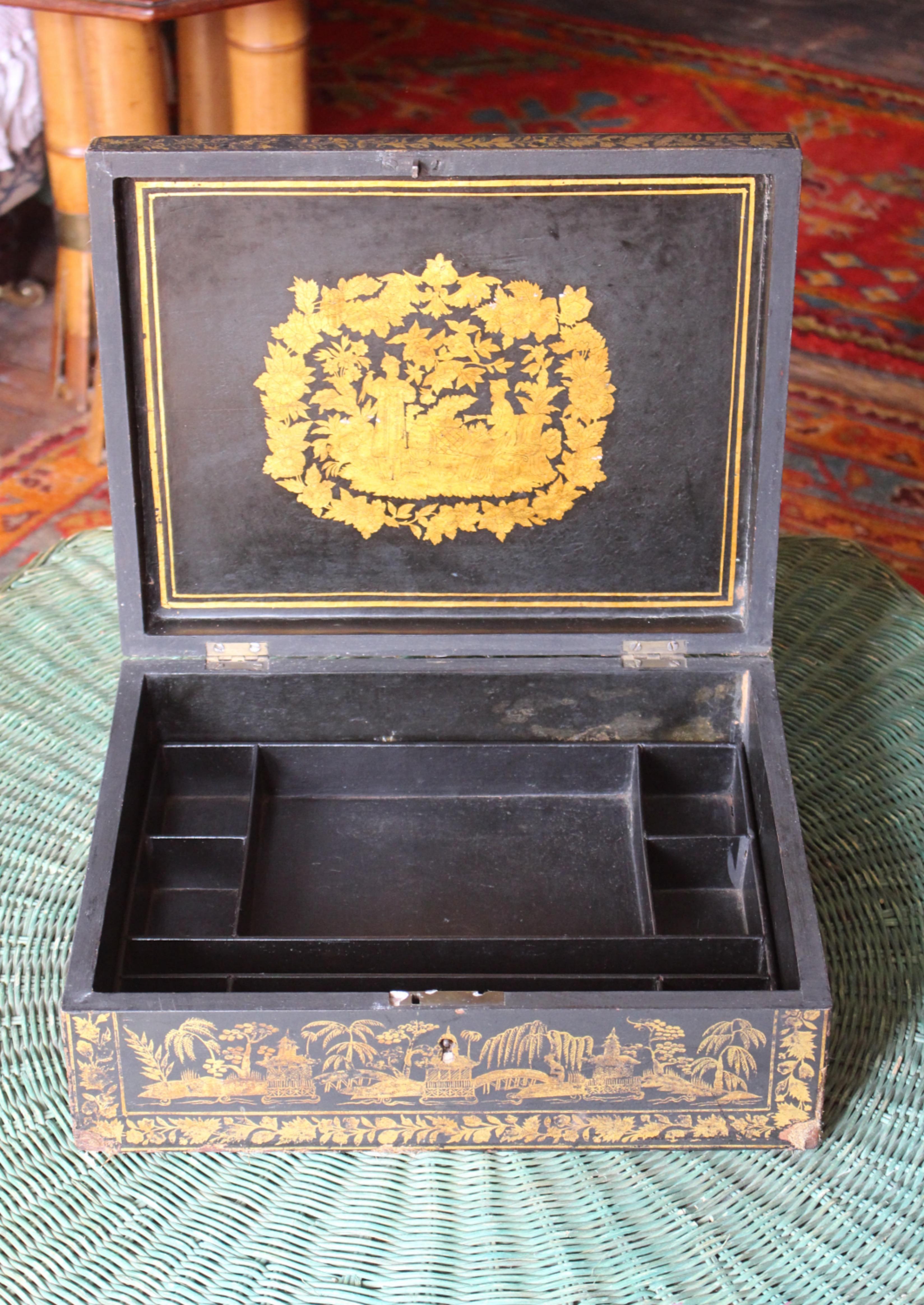 Early 19th C Regency Period Chinoiserie Lacquared Jewellery Box Country House im Angebot 9