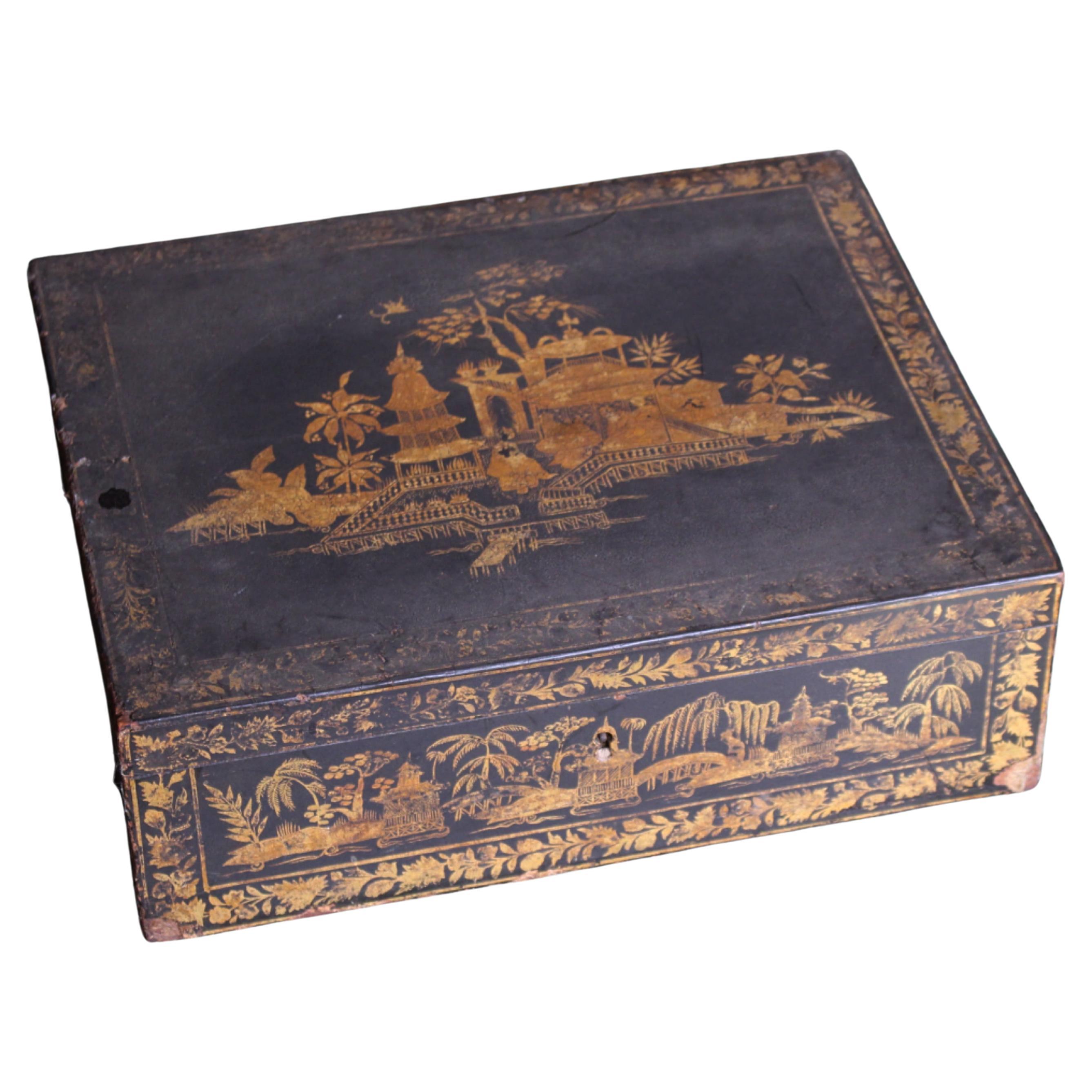 Early 19th C Regency Period Chinoiserie Lacquared Jewellery Box Country House