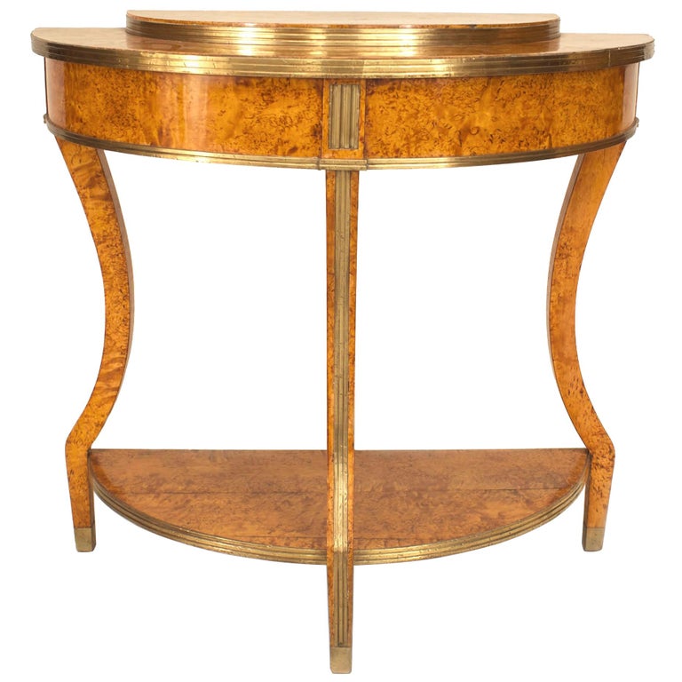 Russian Neoclassic Birch and Brass Demilune Console Table For Sale