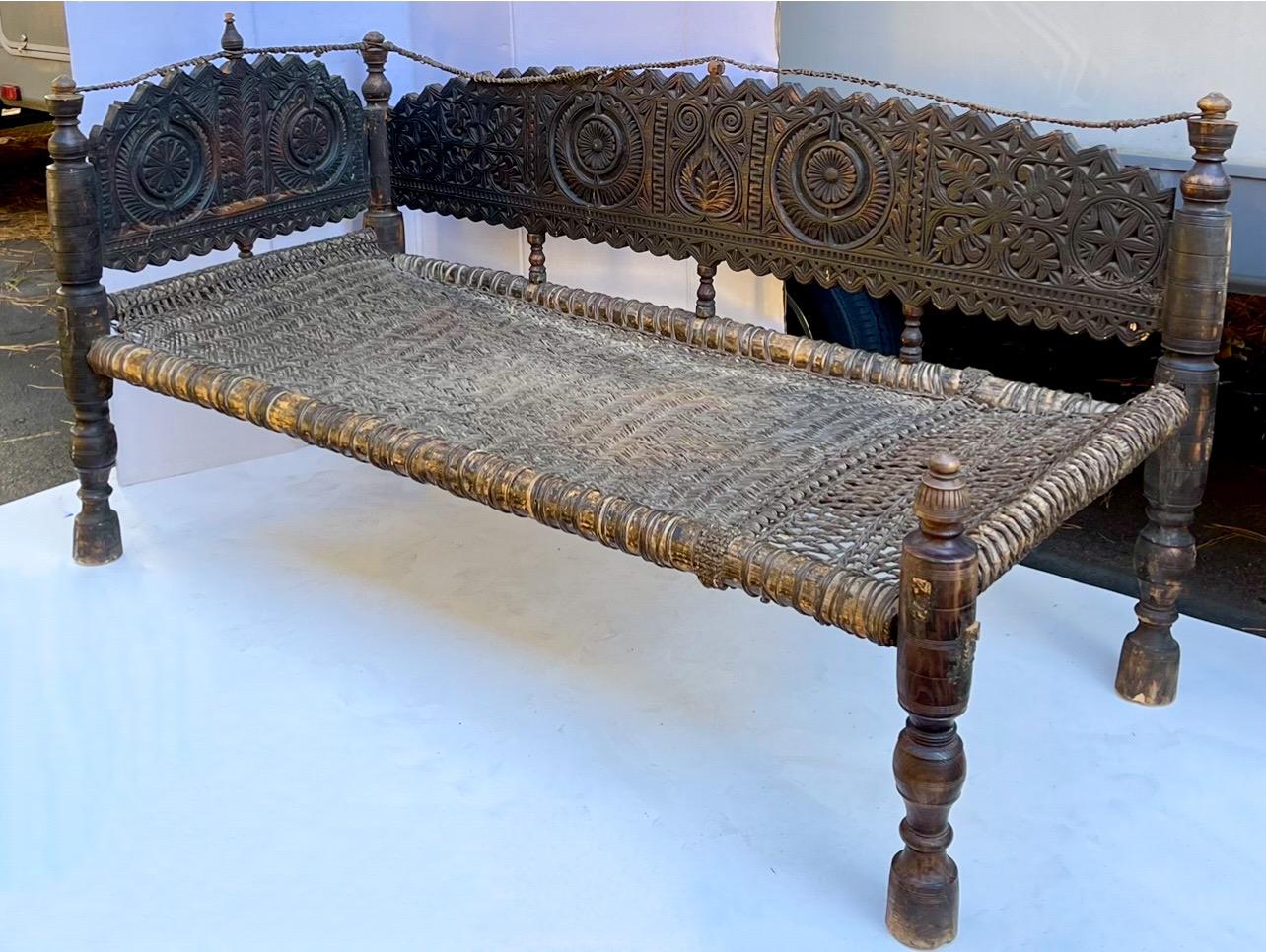 19th Century Early 19th-C. Rustic Moroccan Carved Wood and Wicker Daybed / Chaise / Sofa
