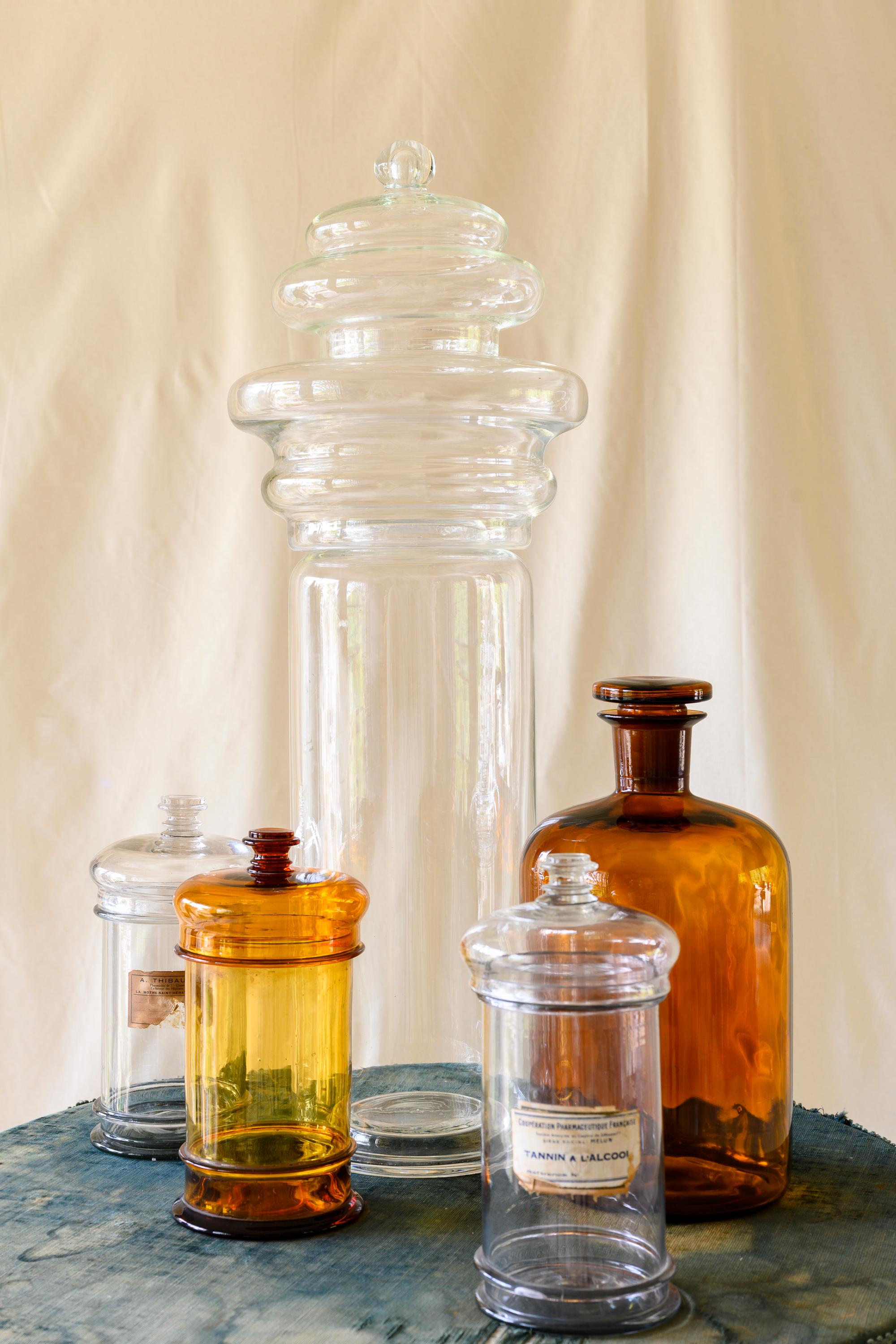 Early 19th C. Sicilian Glass Pharmacy Jar Set, 3 Pieces In Fair Condition For Sale In Ross, CA