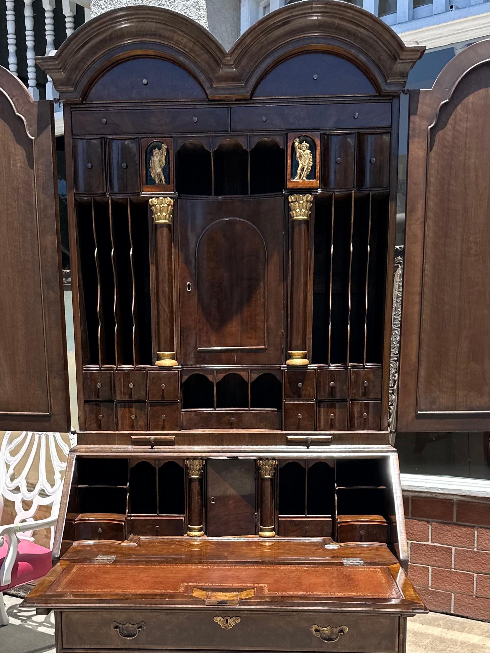 Early 19th C Style George III Burl Walnut Secretary Desk Bookcase.