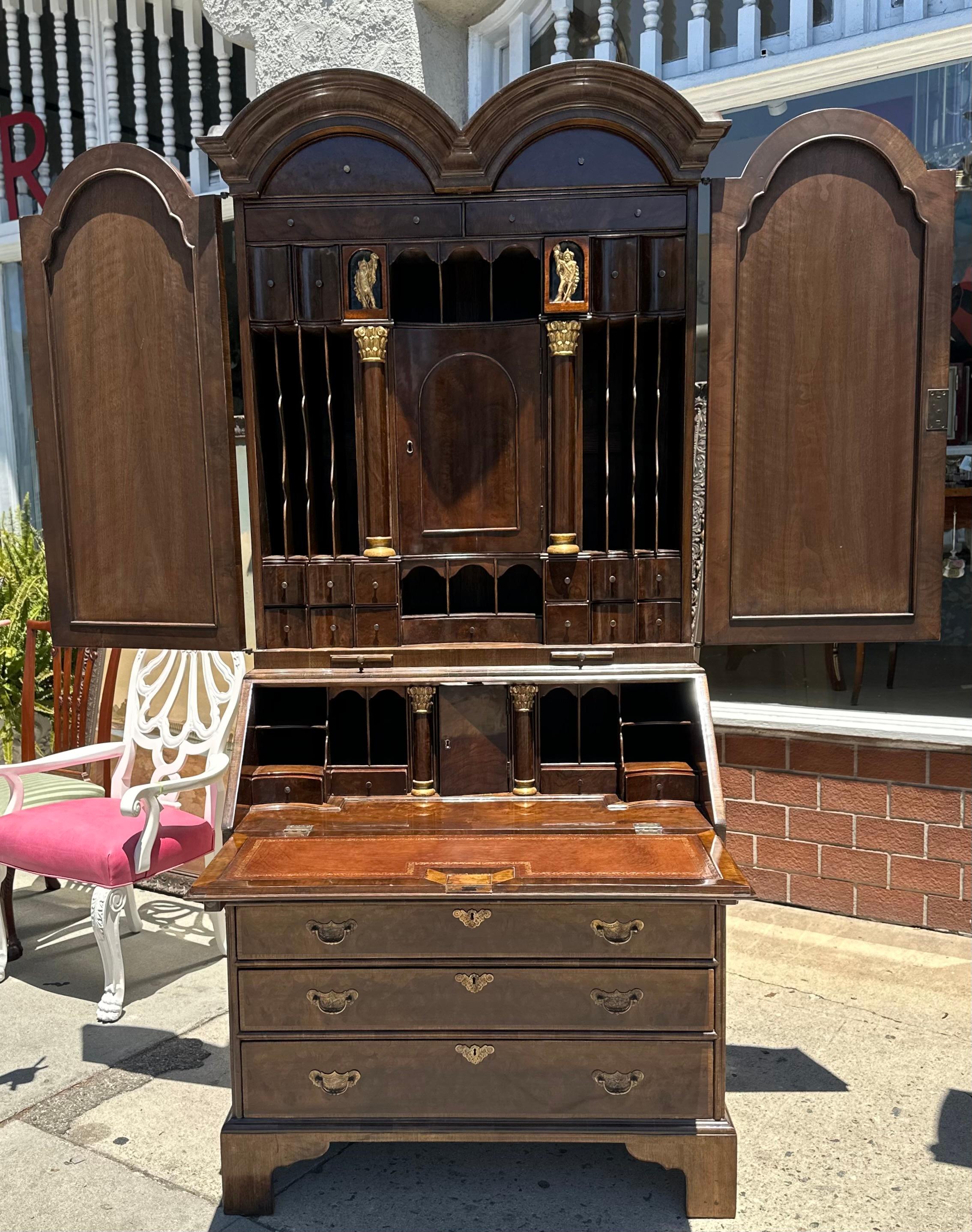 American Early 19th C Style George III Burl Walnut Secretary Desk Bookcase