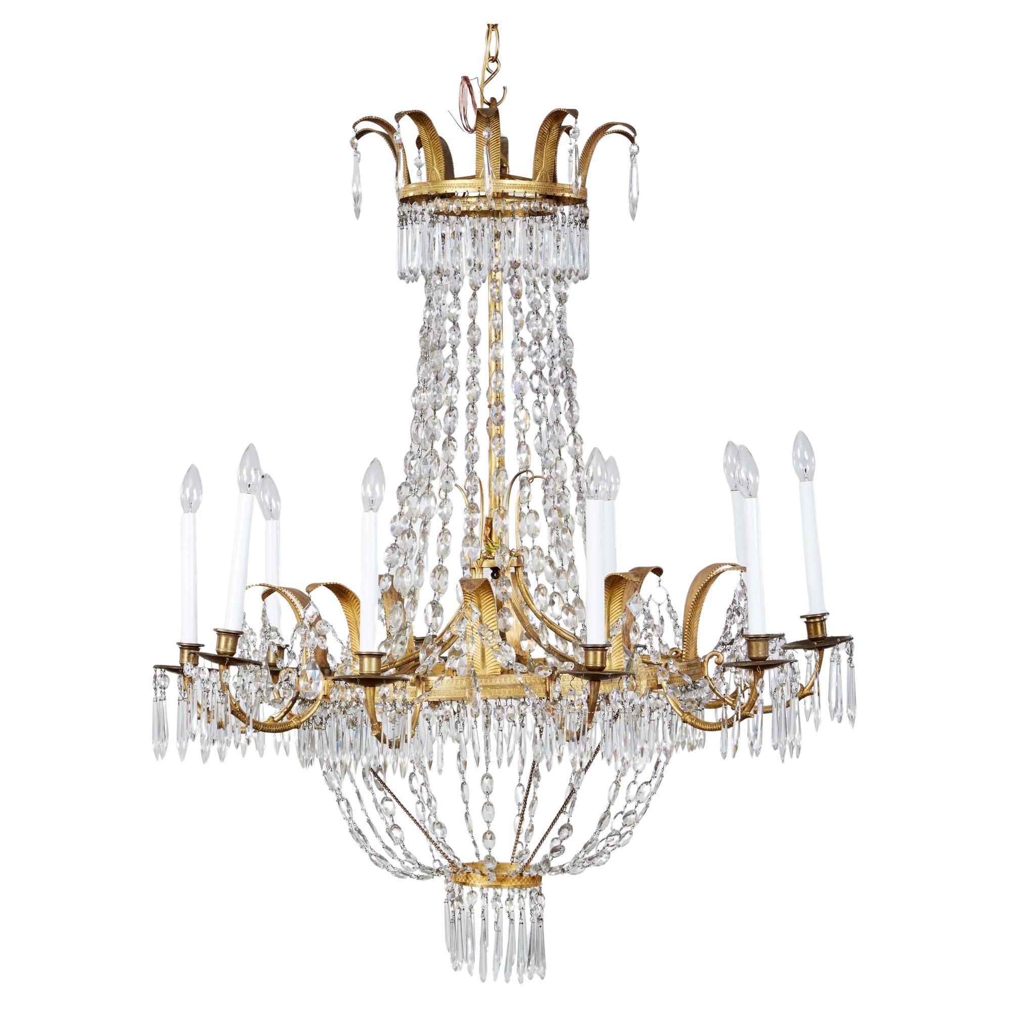 Early 19th c. Swedish Crystal Chandelier with Gilt Metal Ferns