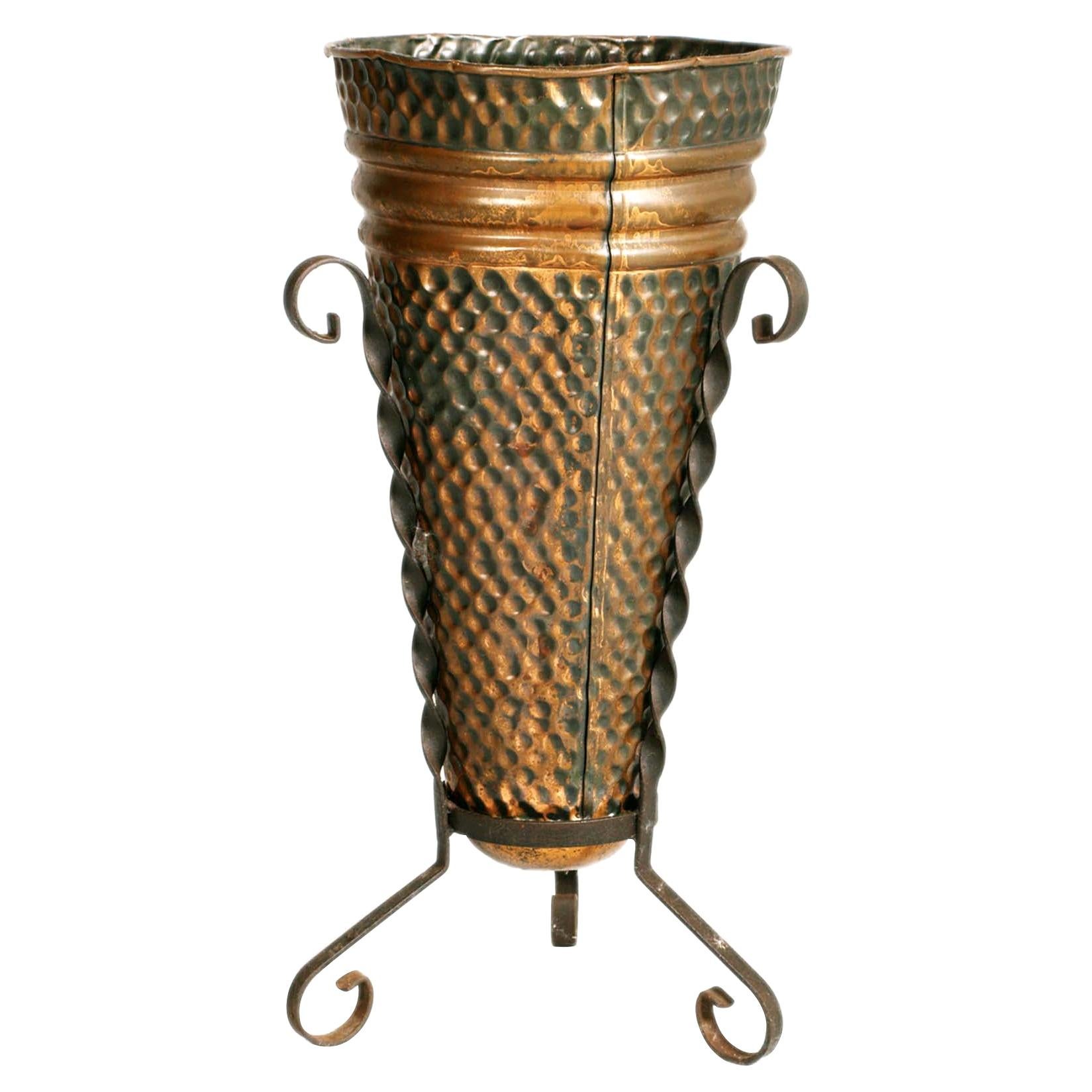 Early 19th C. Umbrella Stand in Hand Embossed Tyrolean Copper & Wrought Iron