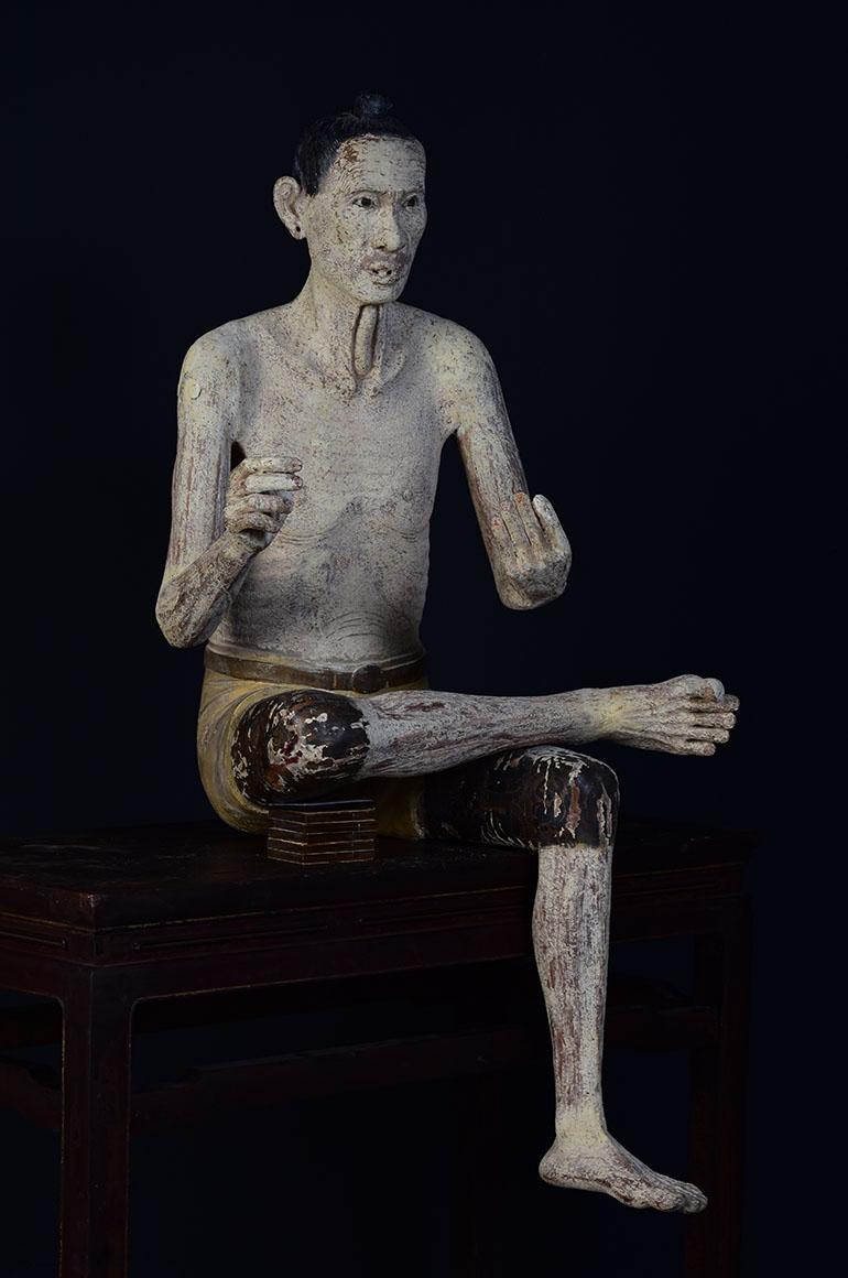 Early 19th C., Very Rare and Large Antique Burmese Wooden Sculpture of Old Man For Sale 14