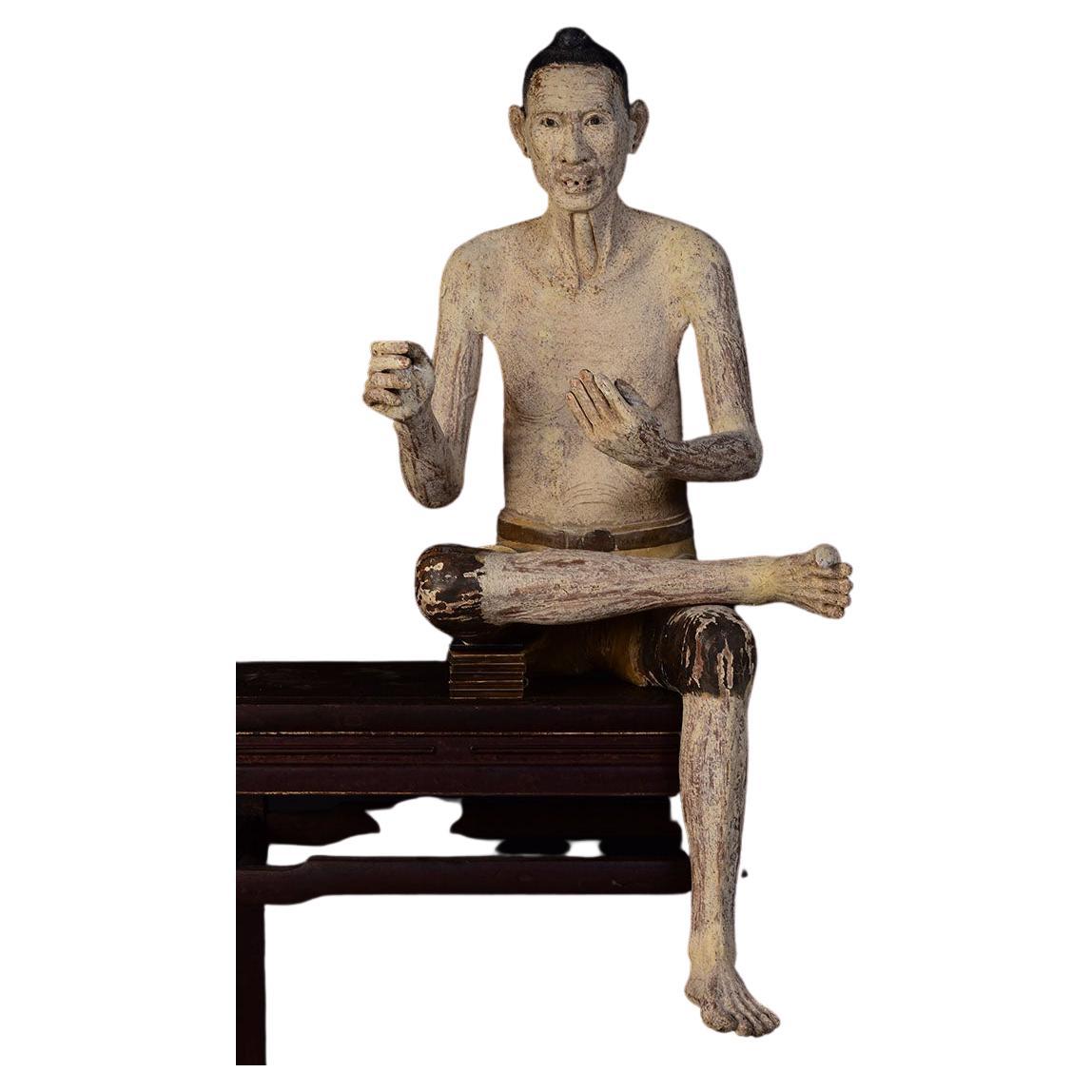 Early 19th C., Very Rare and Large Antique Burmese Wooden Sculpture of Old Man For Sale