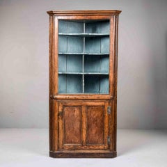 Early 19th Cent English Georgian Corner Cabinet with Early Blue-Painted Interior