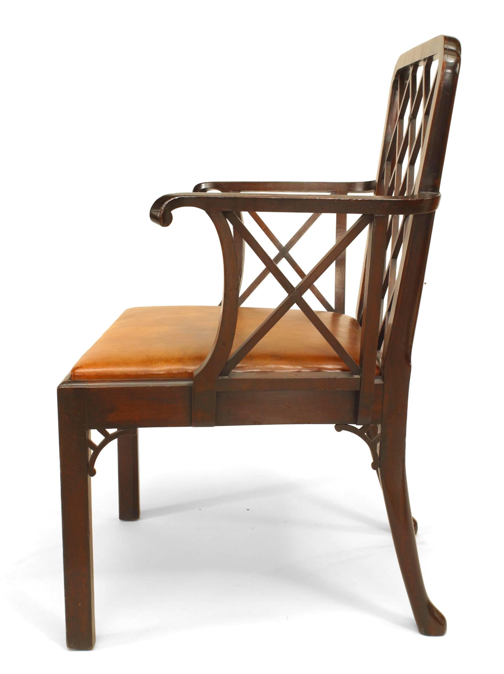 English Georgian Cockspen Lattice Back Mahogany and Leather Armchair In Good Condition In New York, NY