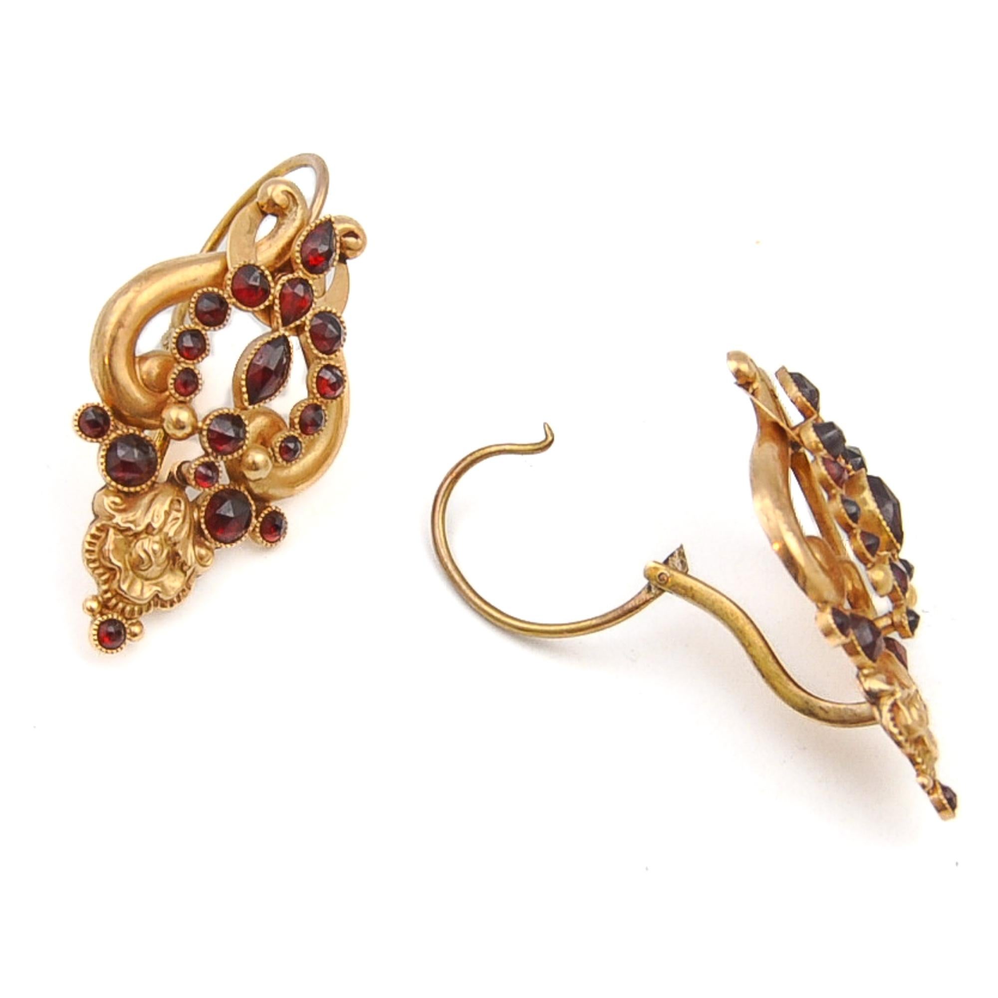 Women's or Men's Antique Repoussé Garnet and 18K Gold Earrings For Sale