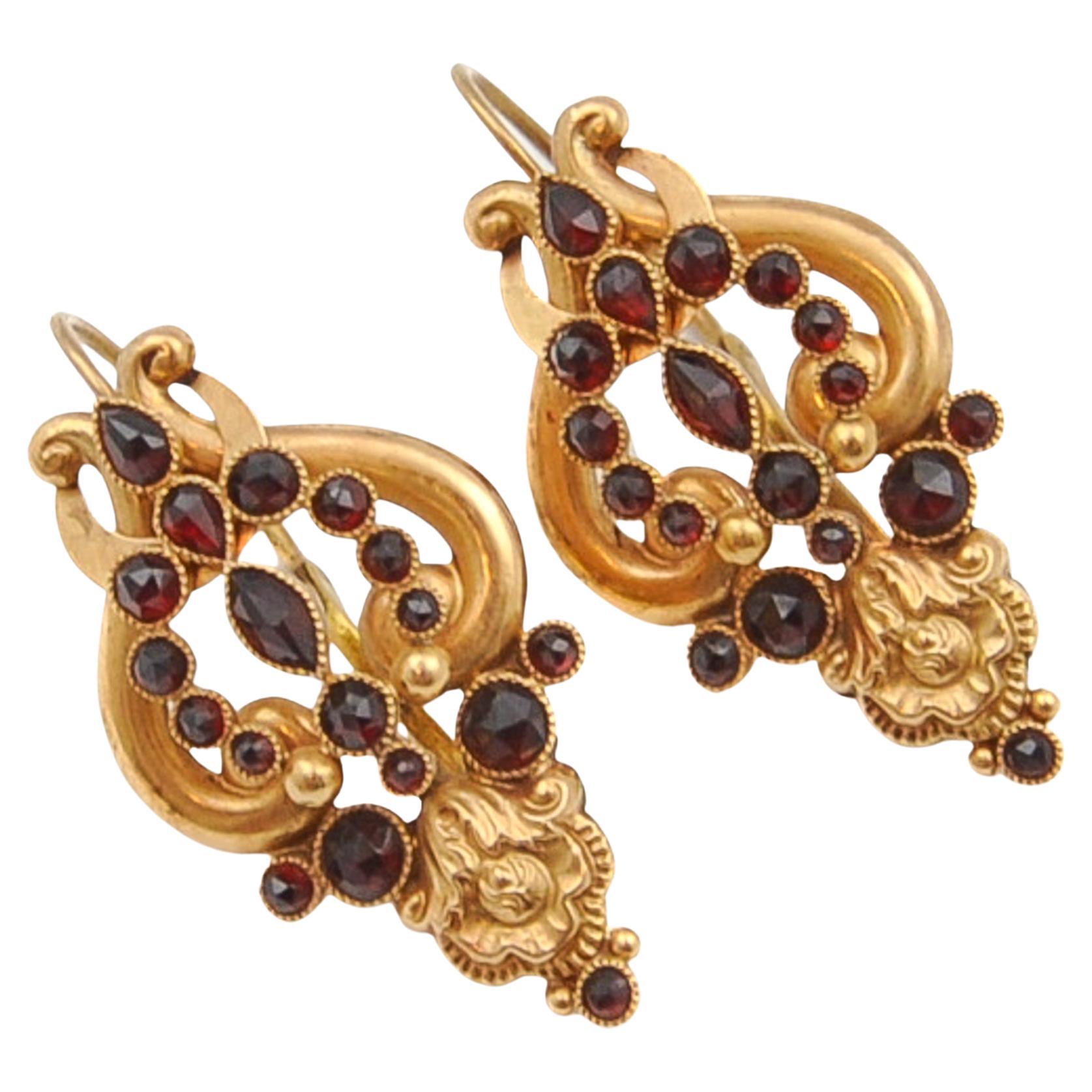 Antique Repoussé Garnet and 18K Gold Earrings For Sale