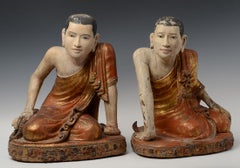 Early 19th Century, A Pair of Antique Burmese Wooden Seated Monk / Disciple