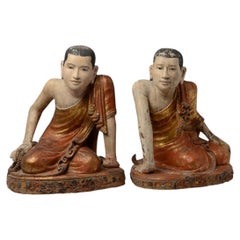 Early 19th Century, A Pair of Antique Burmese Wooden Seated Monk / Disciple
