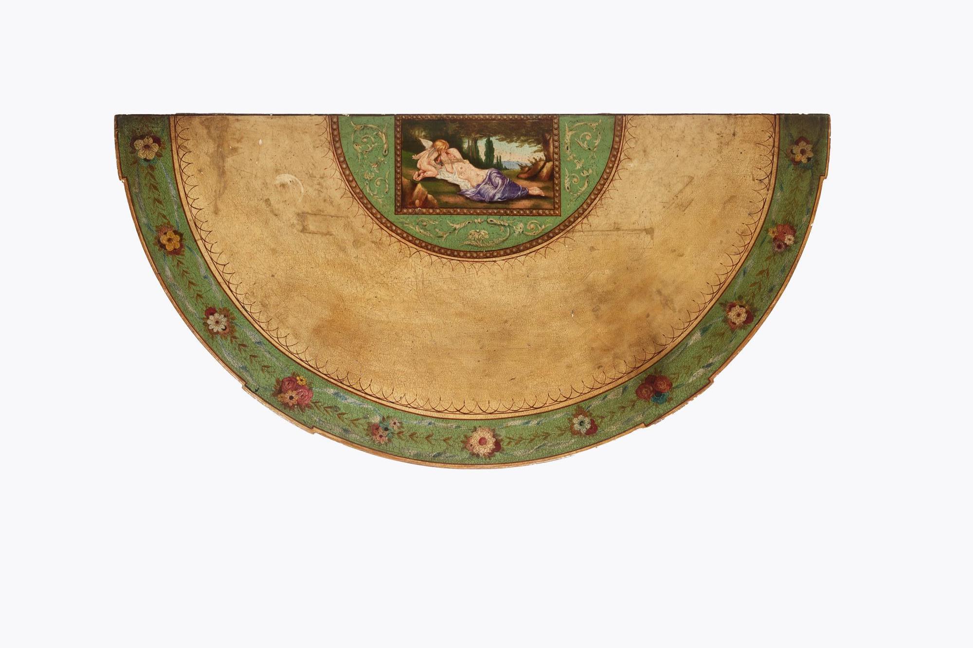 Early 19th Century Adam style verdigris demi-lune console table. The painted tabletop with a scene depicting Venus and Cupid, as well as a floral border. Featuring fluted tapered legs with foliate carvings and fluted apron with gilt rosettes.