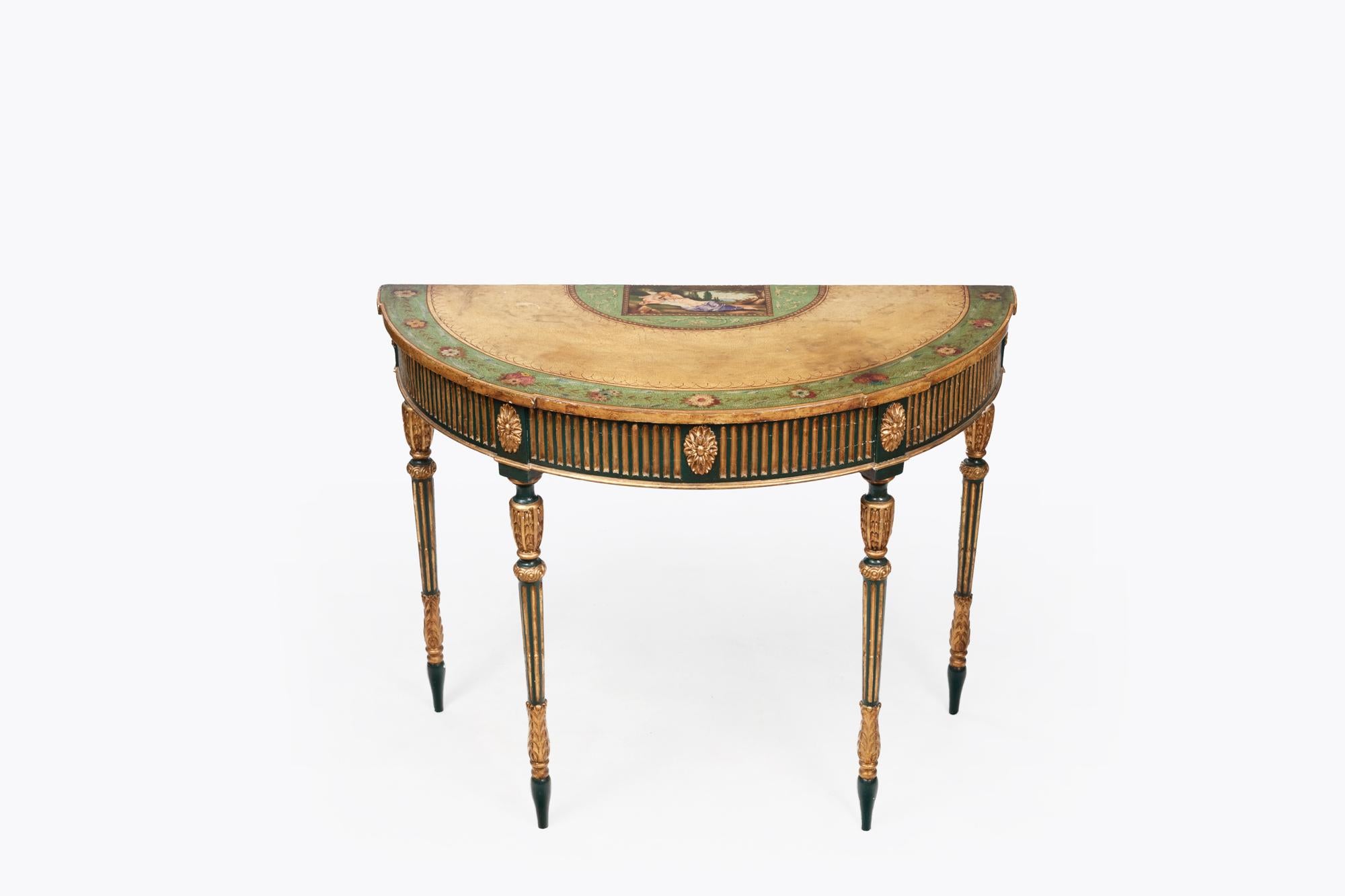 English Early 19th Century Adam Style Verdigris Demi-Lune Console Table For Sale