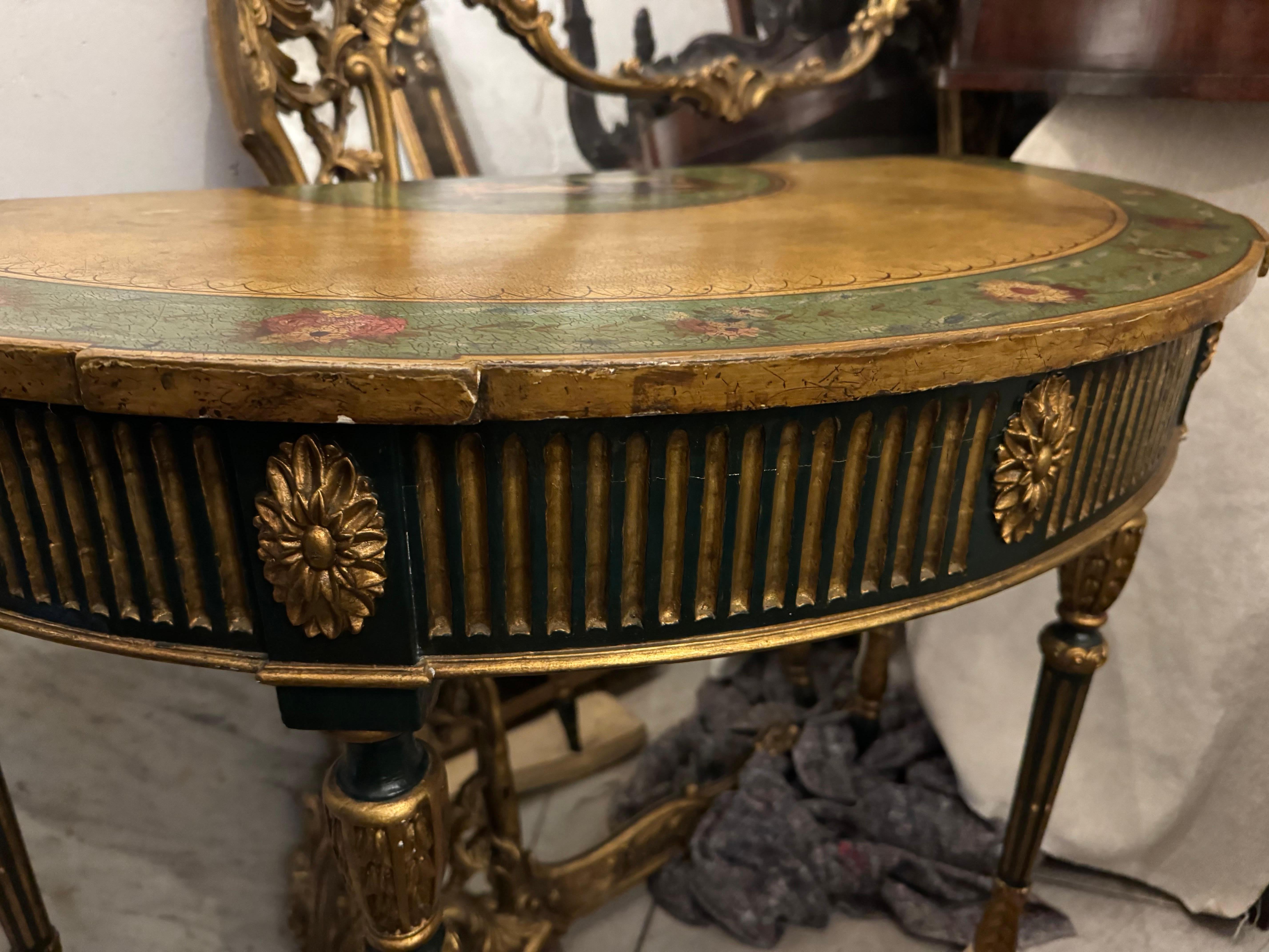 Giltwood Early 19th Century Adam Style Verdigris Demi-Lune Console Table For Sale