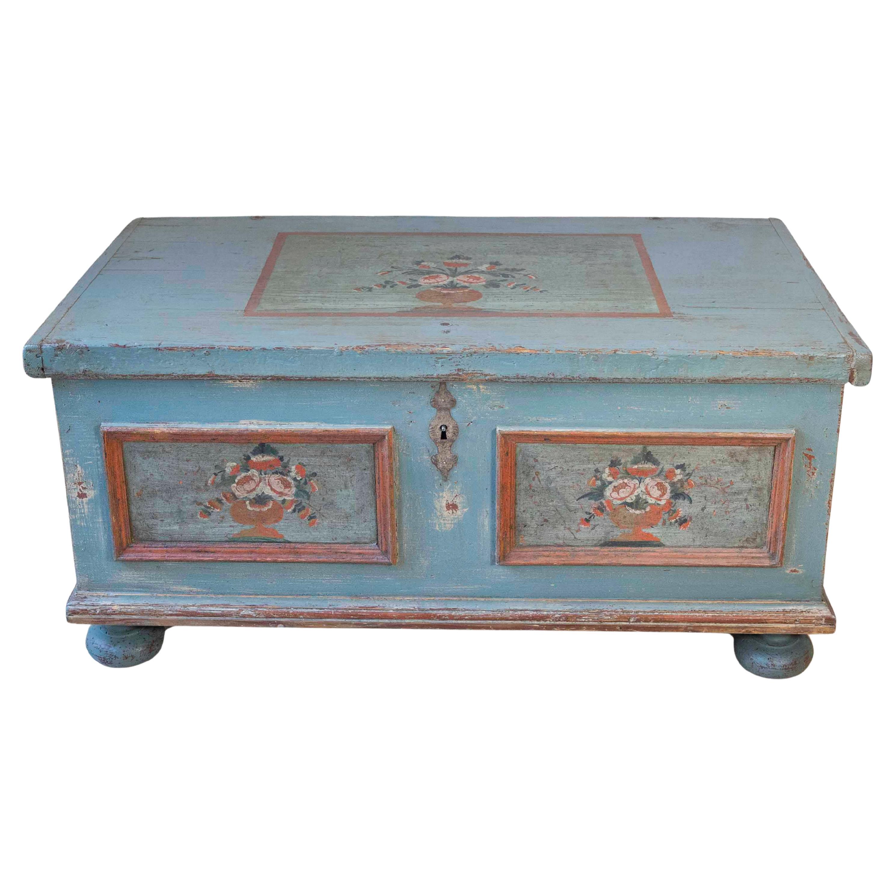 Early 19th-Century Alpine Painted Chest in Fir with Floral Decoration