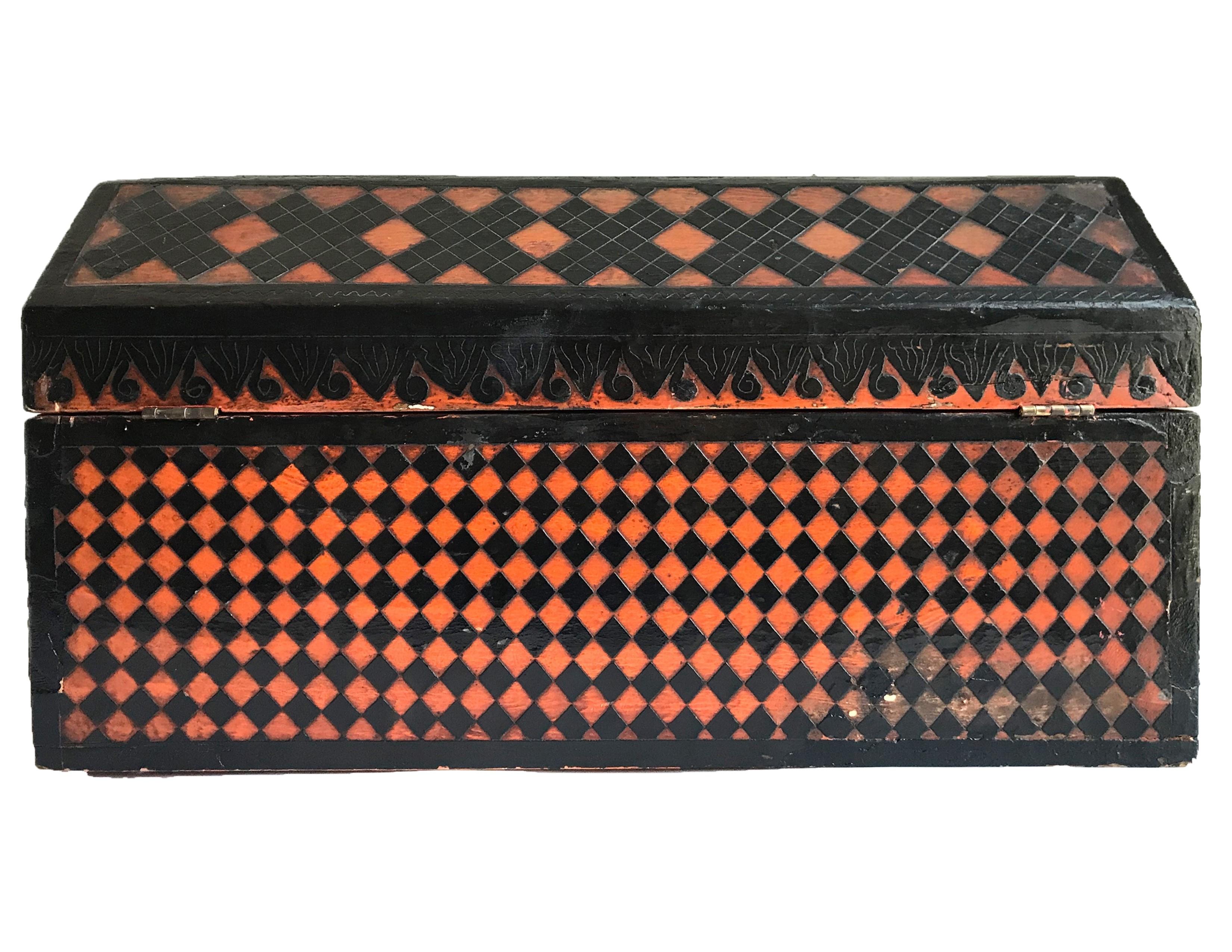 Early 19th century American carved lacquered Folk Art wooden box from Tennessee.