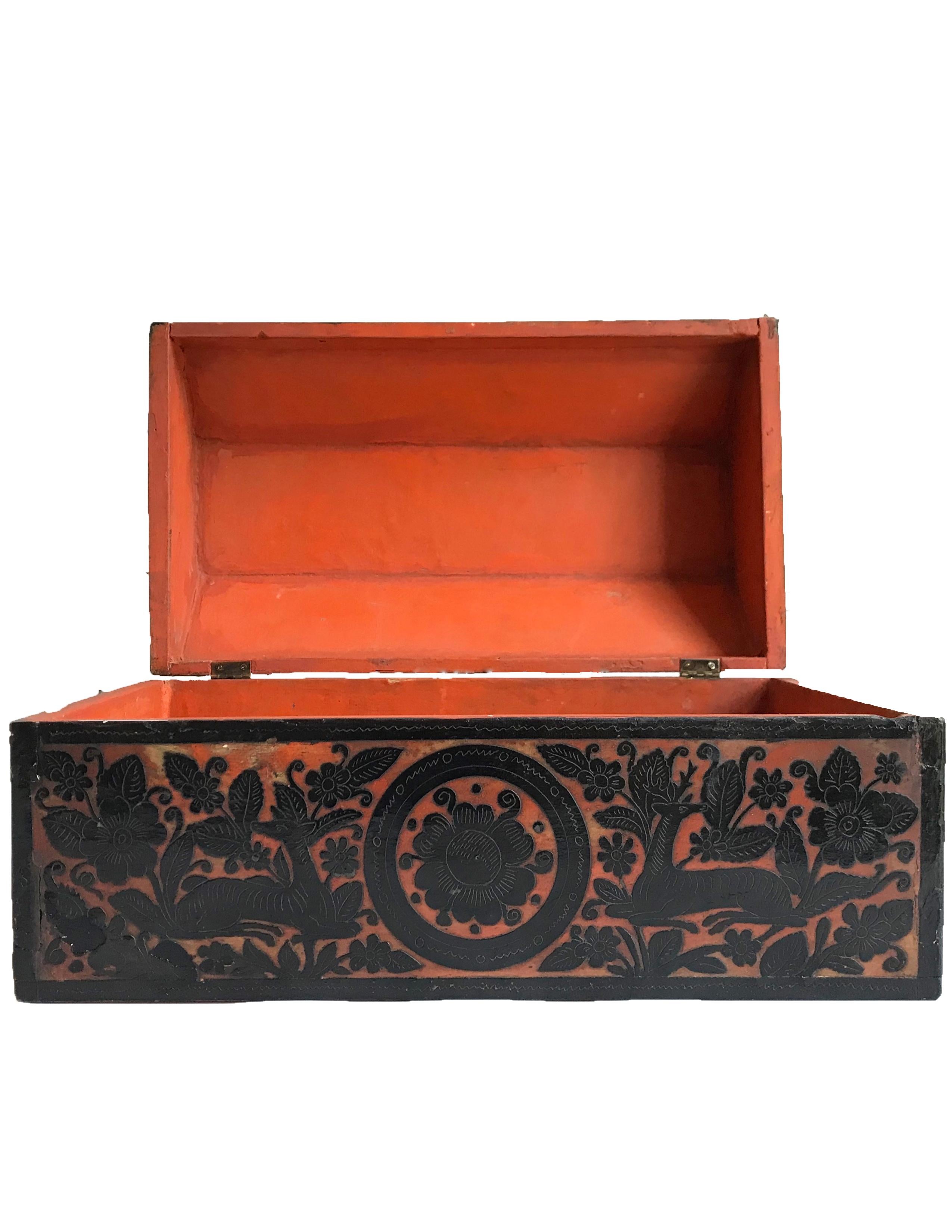Hand-Carved Early 19th Century American Carved Lacquered Folk Art Wooden Box from Tennessee