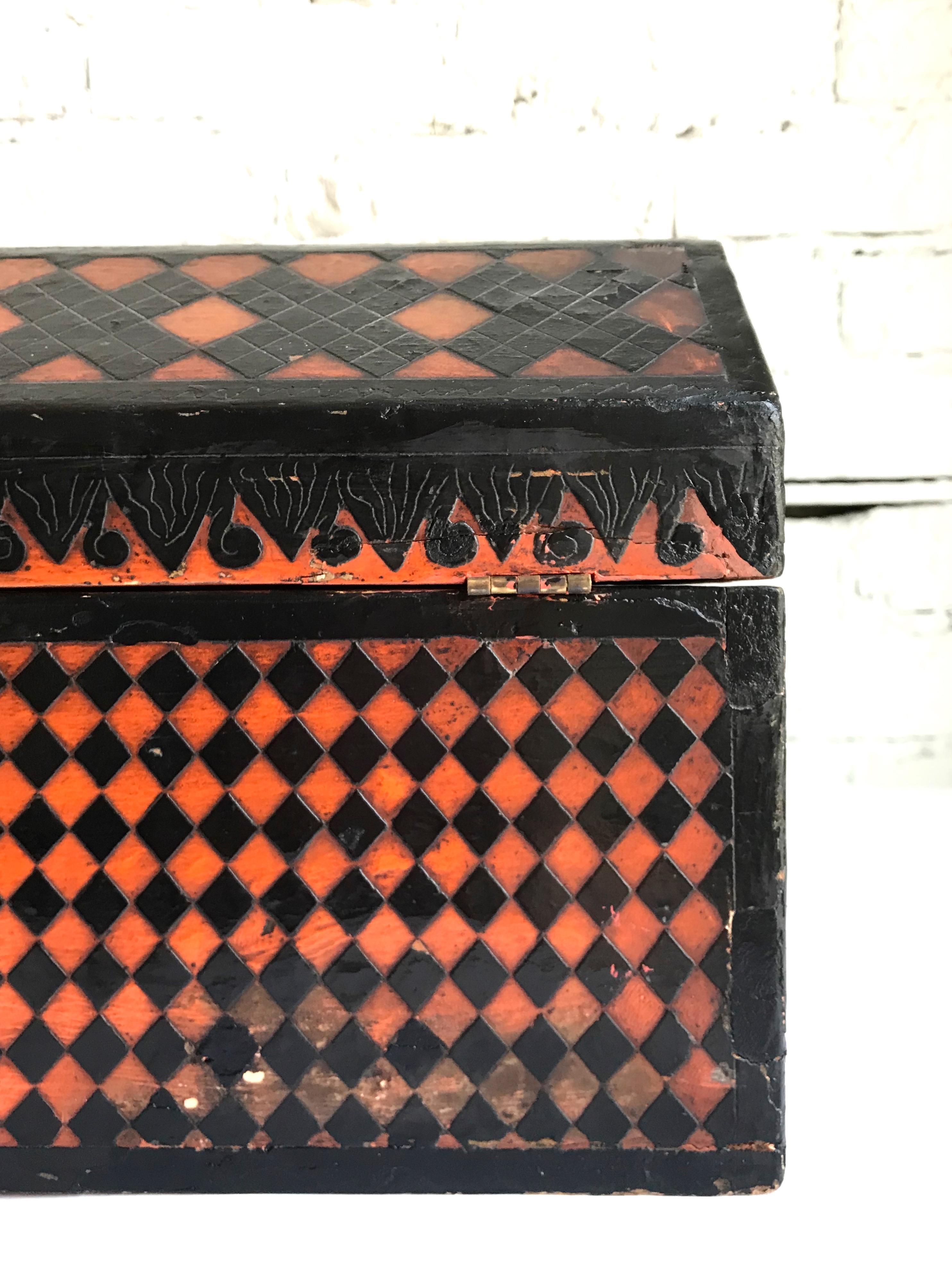 20th Century Early 19th Century American Carved Lacquered Folk Art Wooden Box from Tennessee